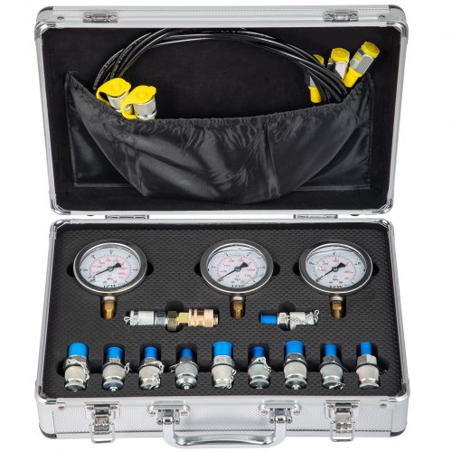 VEVOR Kit de Prueba de Calibre Hidráulico para Maquinaria de Excavación 8,700 PSI, Conjunto de Medidor de Presión con Caja de Aluminio, Probador de Presión con Manguera de Prueba de 1,6 m de Calidad