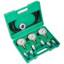 Estuche verde con tres manómetros, mangueras y accesorios para el kit de prueba de presión hidráulica VEVOR.