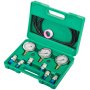 Kit de prueba de presión hidráulica VEVOR en estuche verde con manómetros y accesorios.