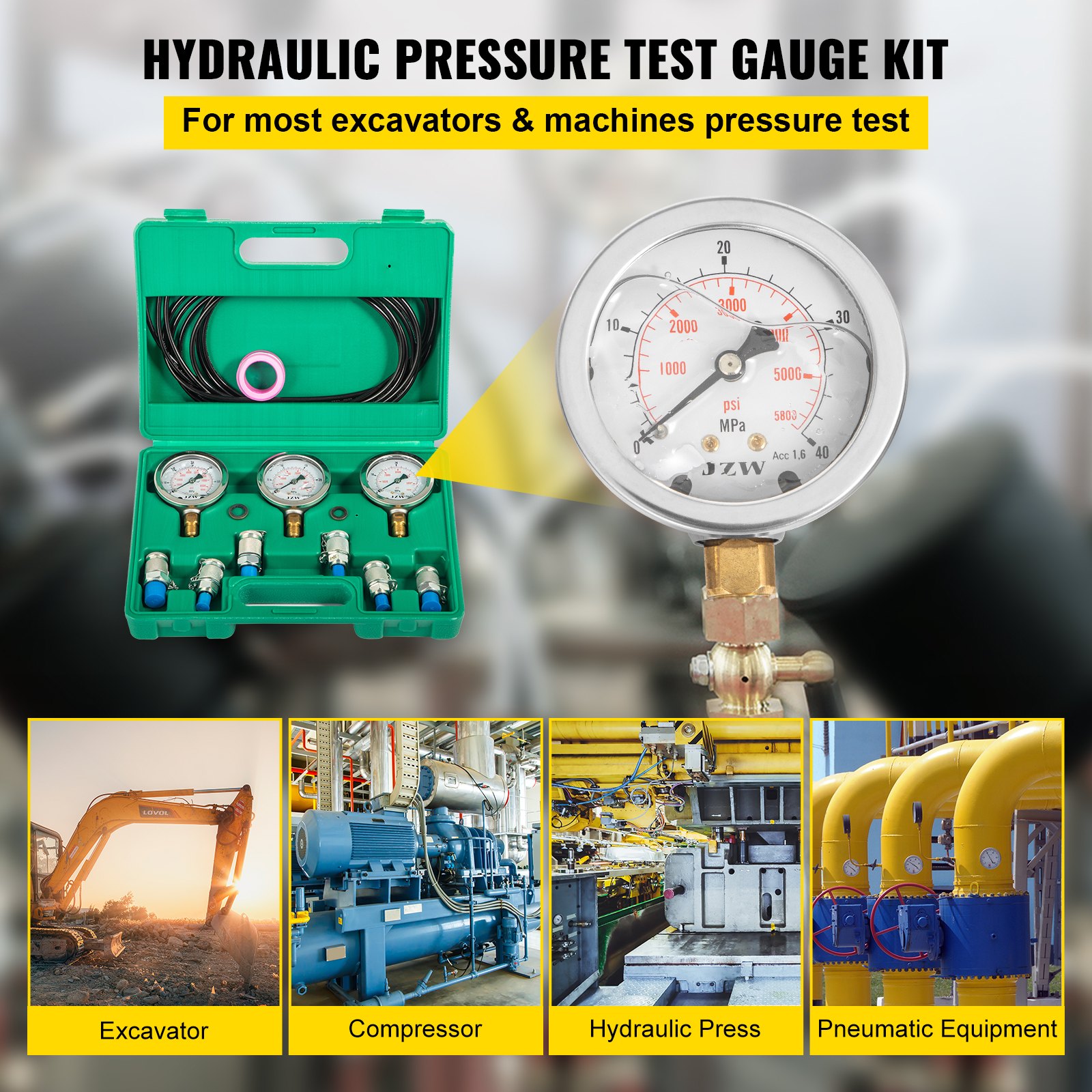 Kit de prueba de presión hidráulica VEVOR con manómetros y mangueras para excavadoras, compresores y prensas.