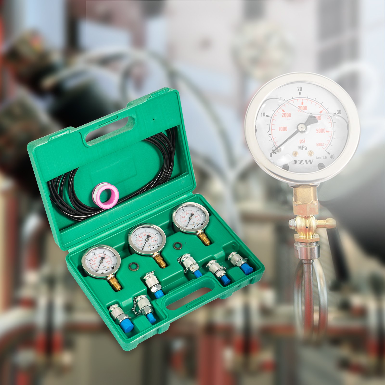 Kit de prueba de presión hidráulica VEVOR con manómetros y accesorios en un estuche verde.