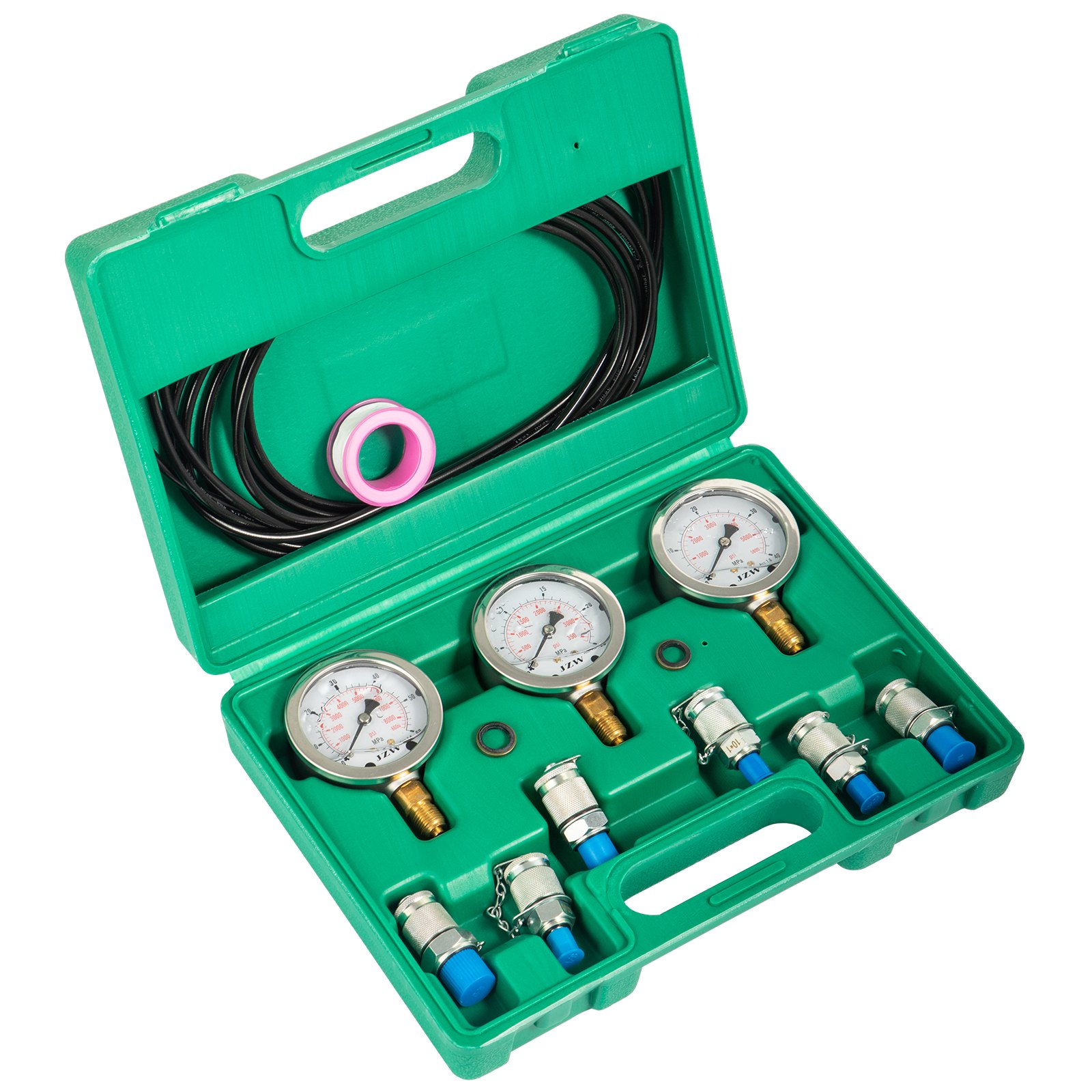 Estuche verde con tres manómetros, mangueras y accesorios para el kit de prueba de presión hidráulica VEVOR.