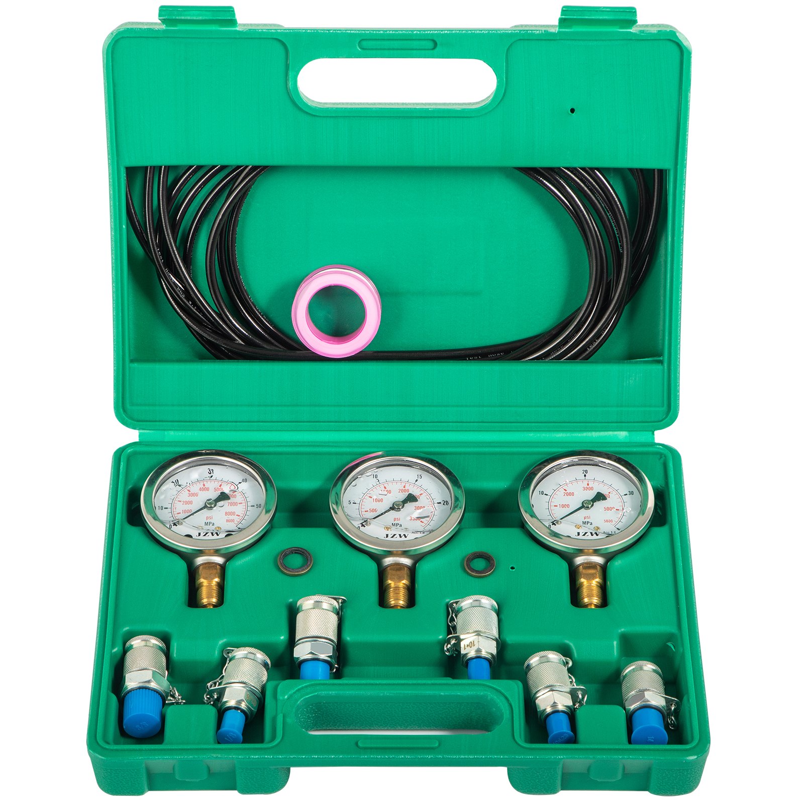 Kit de prueba de presión hidráulica VEVOR con manómetros, mangueras y accesorios en estuche verde