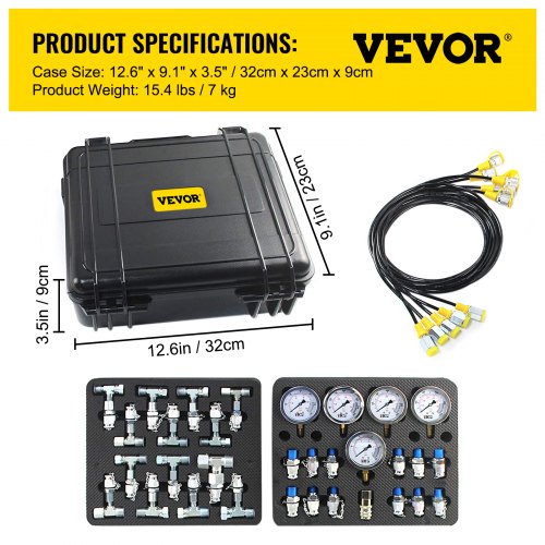 VEVOR Kit de Prueba de Presión Hidráulica 5 Calibres Kit de Acoplamiento para Maquinaria 600 bar Kit de Manómetro Hidráulico Acoplamientos y Conectores en T, Manguera de Prueba Larga para Construcción