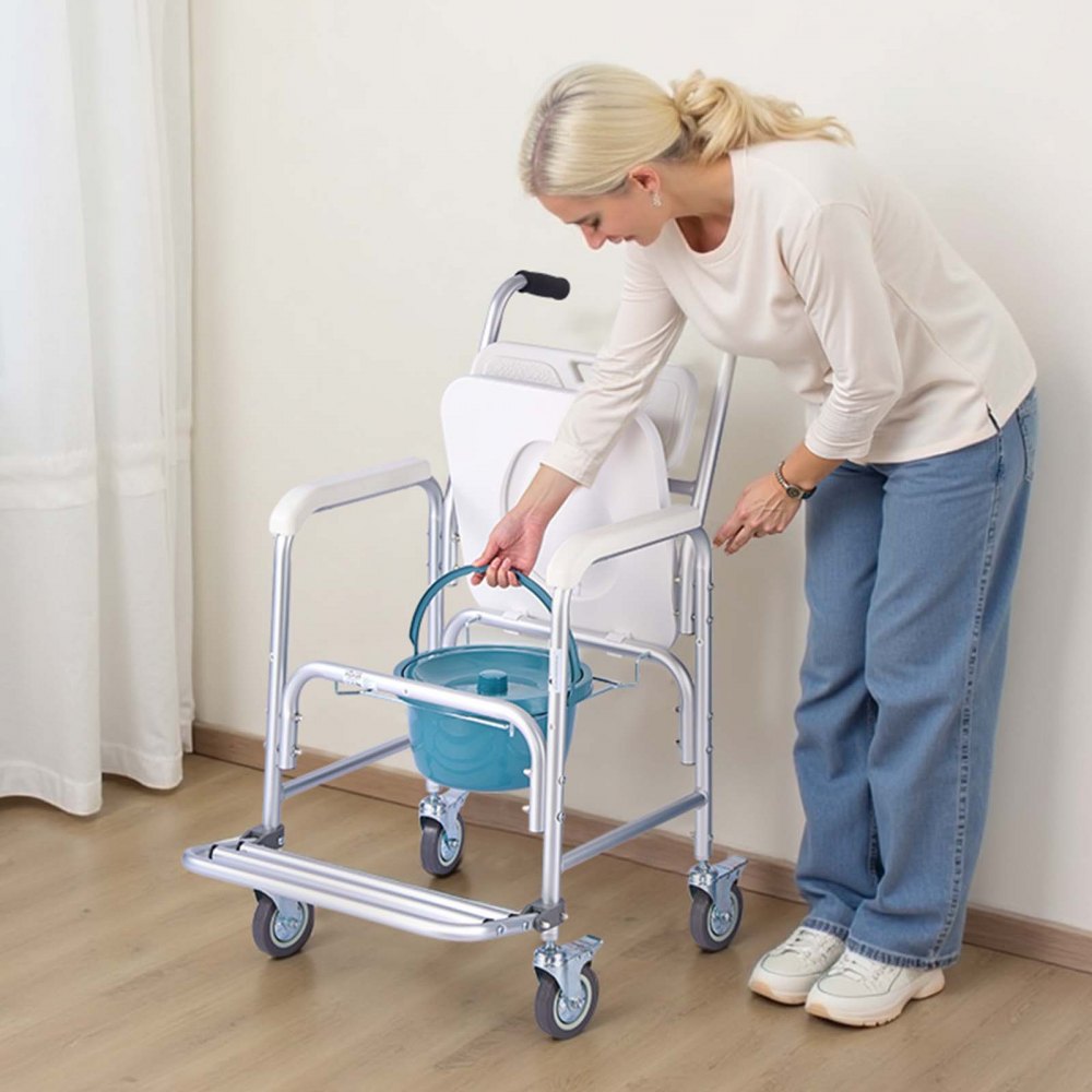 VEVOR Silla de Baño Portátil con Ruedas y Capacidad de 159 kg, 4 en 1, con Asiento Elevado y Respaldo Acolchado, Reposapiés Abatible, Cubo Desmontable de 5 L y Ducha para Personas Mayores, Blanco