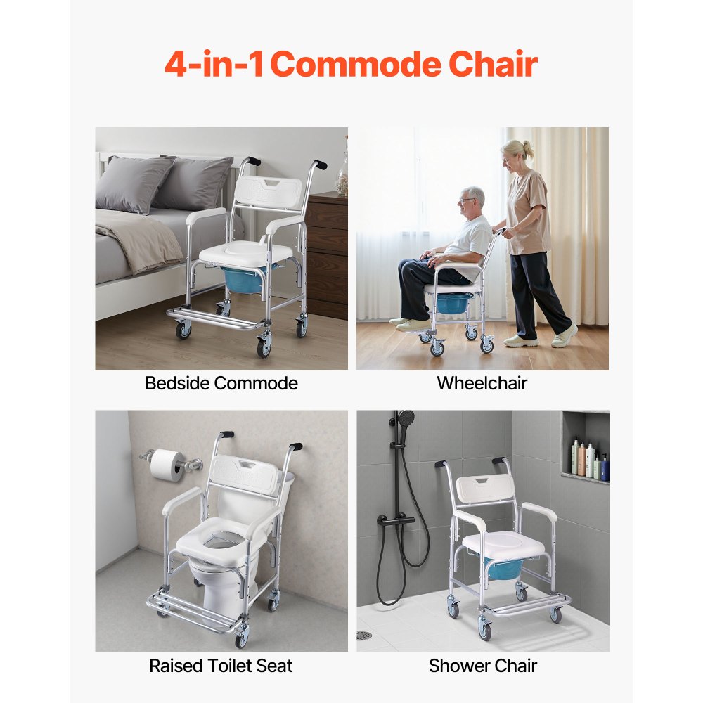 VEVOR Silla de Baño Portátil con Ruedas y Capacidad de 159 kg, 4 en 1, con Asiento Elevado y Respaldo Acolchado, Reposapiés Abatible, Cubo Desmontable de 5 L y Ducha para Personas Mayores, Blanco