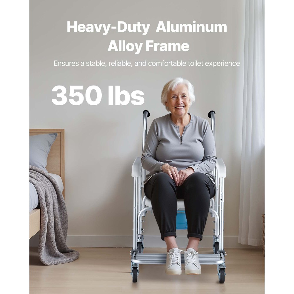 VEVOR Silla de Baño Portátil con Ruedas y Capacidad de 159 kg, 4 en 1, con Asiento Elevado y Respaldo Acolchado, Reposapiés Abatible, Cubo Desmontable de 5 L y Ducha para Personas Mayores, Blanco