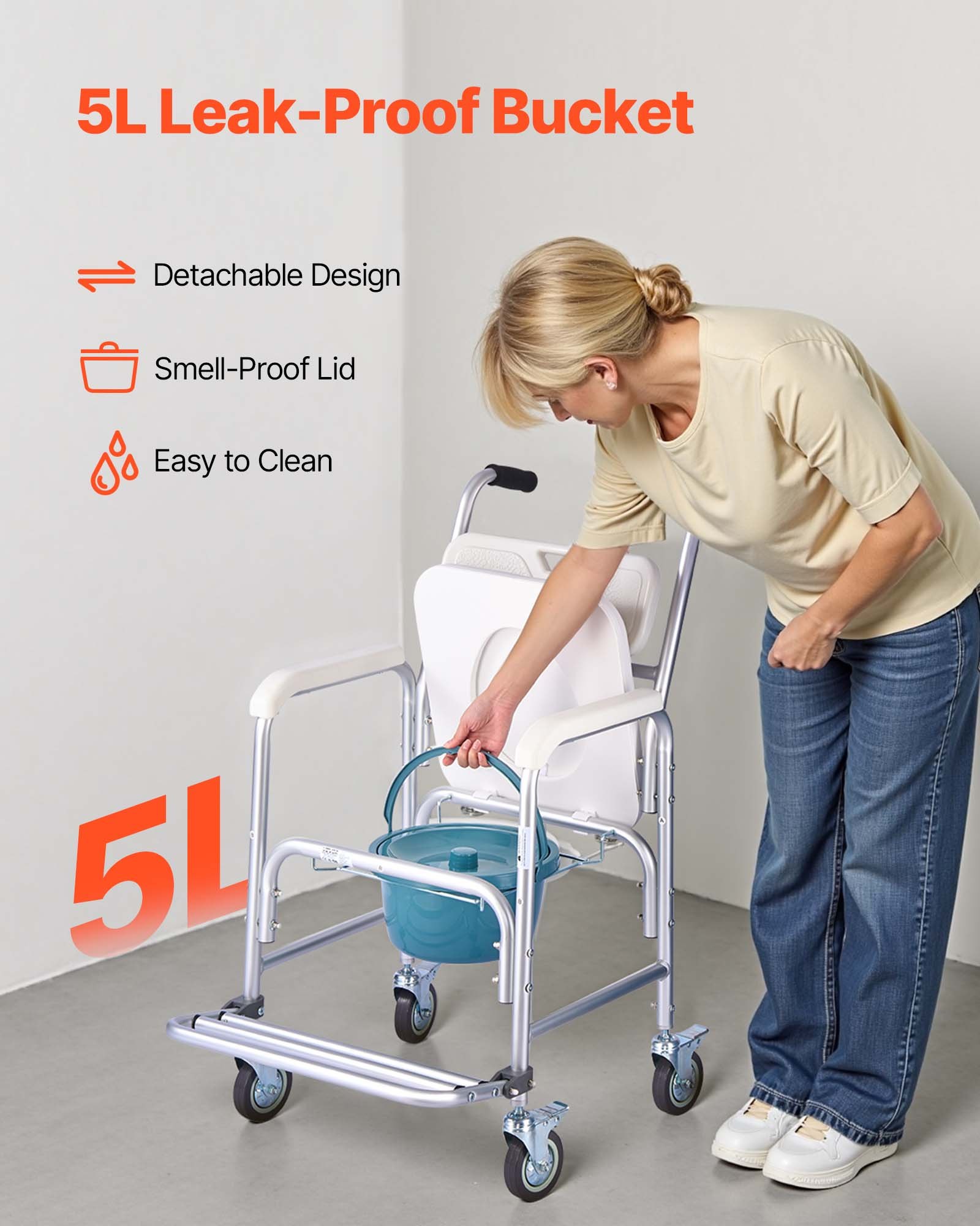 VEVOR Silla de Baño Portátil con Ruedas y Capacidad de 159 kg, 4 en 1, con Asiento Elevado y Respaldo Acolchado, Reposapiés Abatible, Cubo Desmontable de 5 L y Ducha para Personas Mayores, Blanco