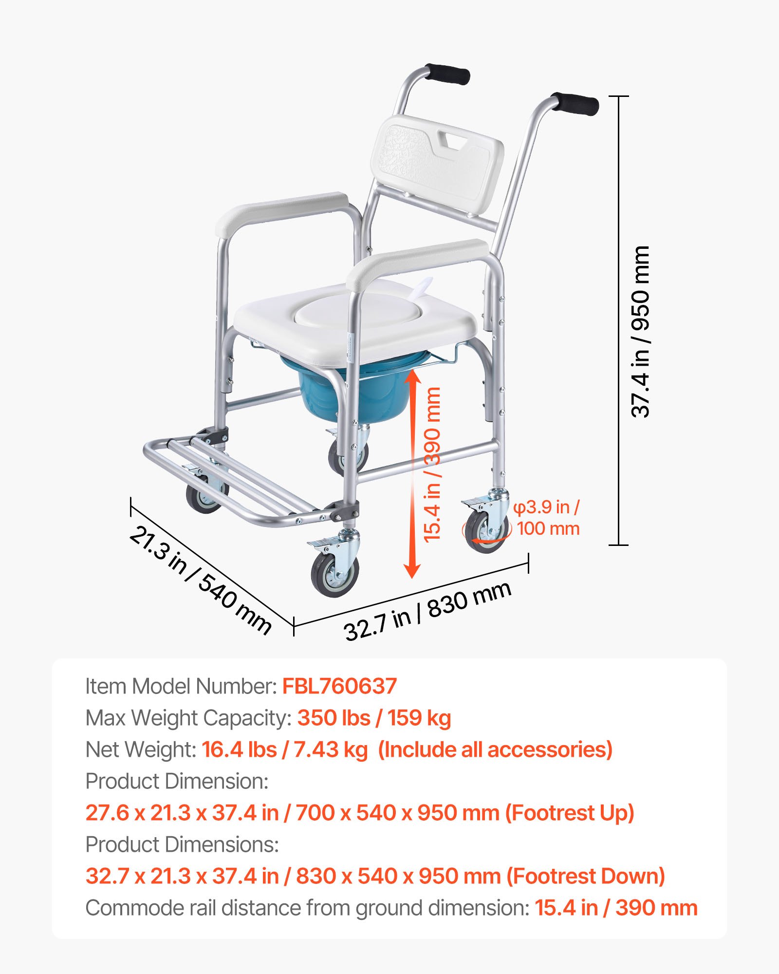 VEVOR Silla de Baño Portátil con Ruedas y Capacidad de 159 kg, 4 en 1, con Asiento Elevado y Respaldo Acolchado, Reposapiés Abatible, Cubo Desmontable de 5 L y Ducha para Personas Mayores, Blanco