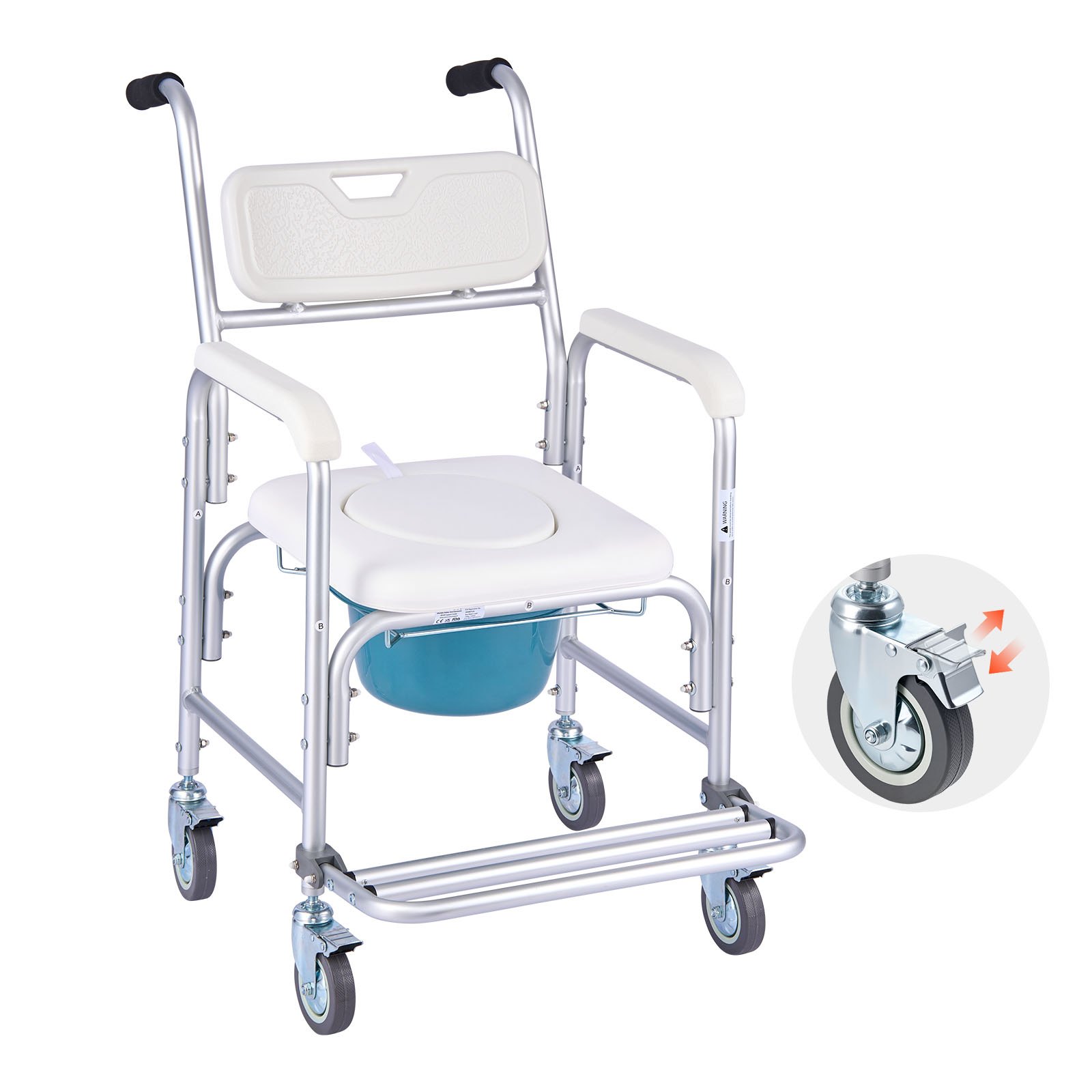 VEVOR Silla de Baño Portátil con Ruedas y Capacidad de 159 kg, 4 en 1, con Asiento Elevado y Respaldo Acolchado, Reposapiés Abatible, Cubo Desmontable de 5 L y Ducha para Personas Mayores, Blanco