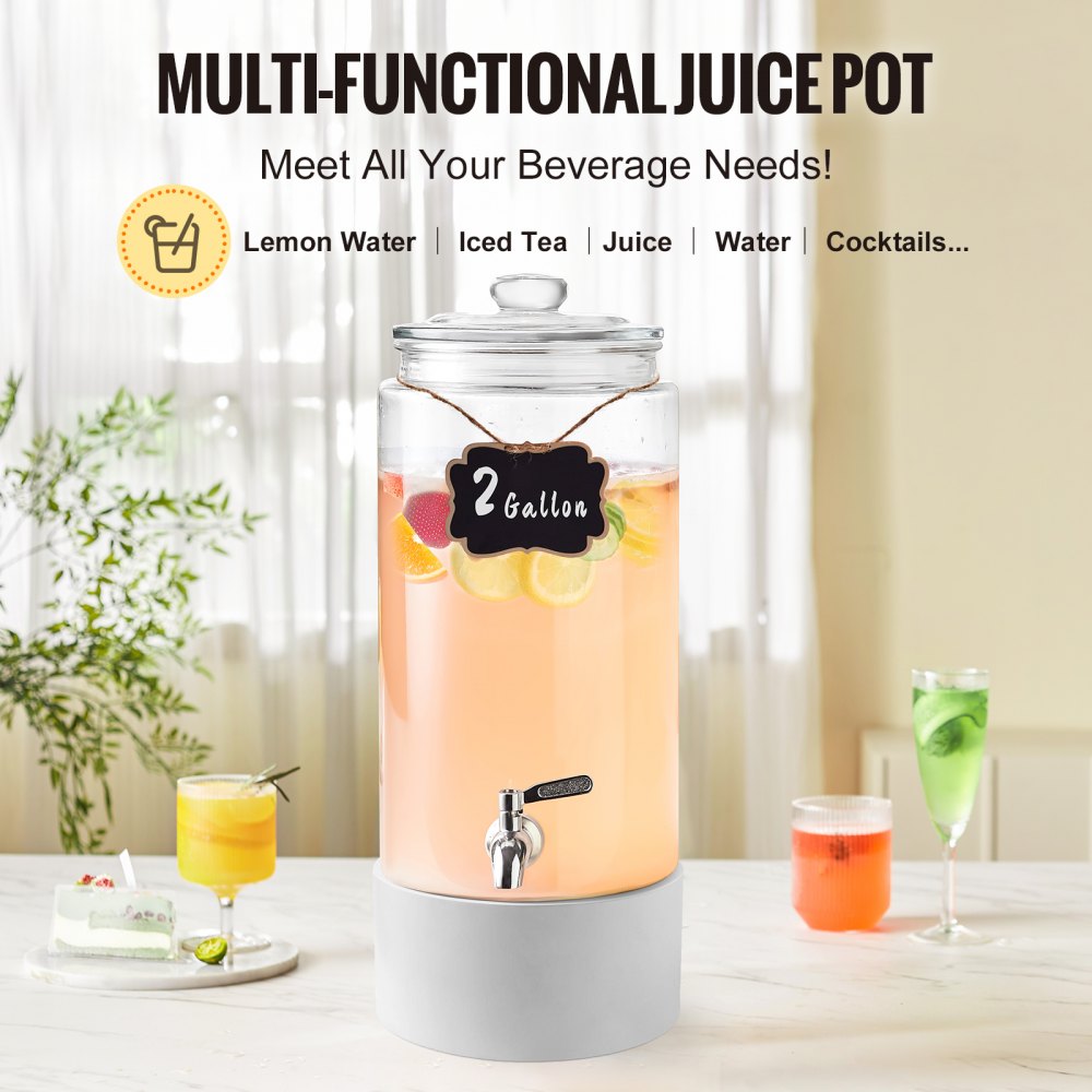 VEVOR Dispensador de Bebidas de 7,5 Litros para Fiestas, Dispensador de Jugo de Vidrio con Espiga de Acero Inoxidable, Dispensador de Agua de Jugo de Limonada de Té Helado, 375 x 183 x 183 mm