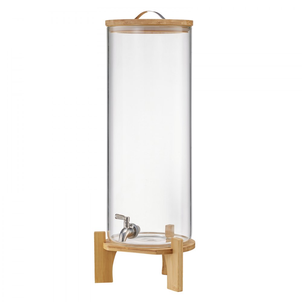 VEVOR Dispensador de Bebidas 13 L para Fiestas, Dispensador de Zumo de Cristal con Soporte de Madera y Grifo de Acero Inoxidable, Ideal para Té Helado, Limonada, Zumo y Agua, 205 x 205 x 637 mm