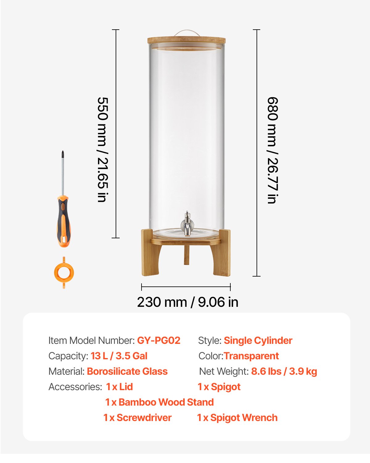 VEVOR Dispensador de Bebidas 13 L para Fiestas, Dispensador de Zumo de Cristal con Soporte de Madera y Grifo de Acero Inoxidable, Ideal para Té Helado, Limonada, Zumo y Agua, 205 x 205 x 637 mm