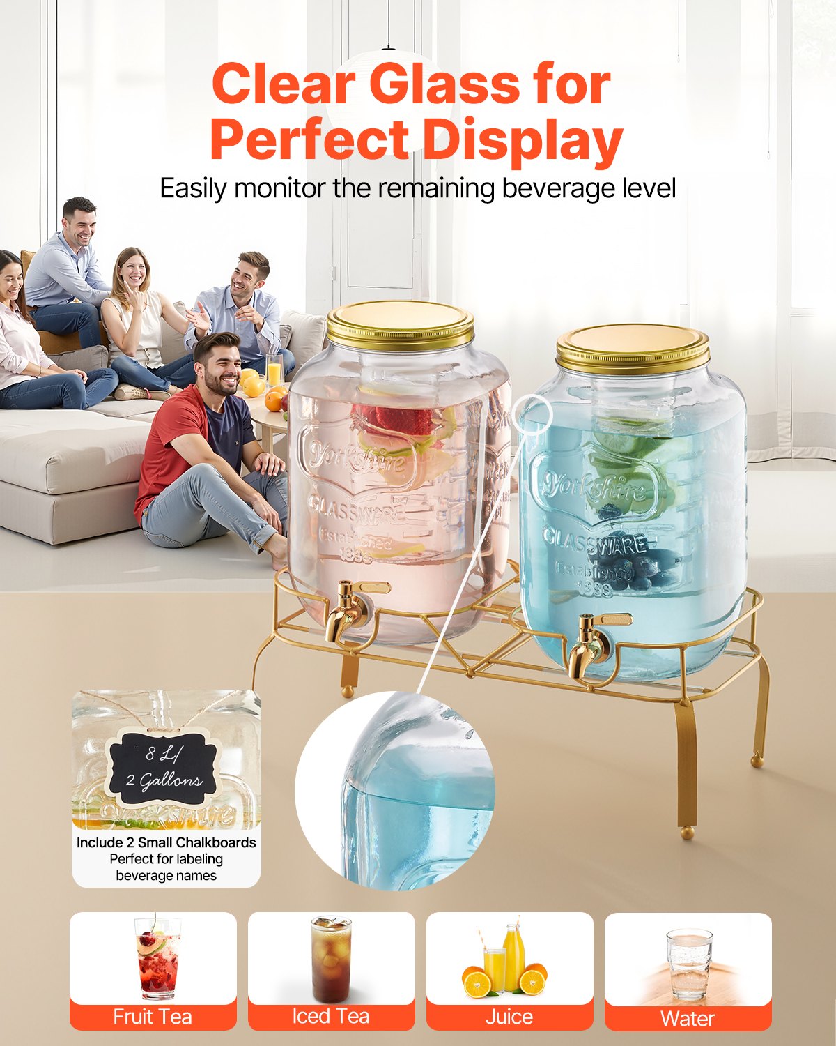 VEVOR Dispensador de Bebidas de 8 L para Fiestas, de Vidrio, con Soporte de Metal, Grifo de Acero Inoxidable, Infusor, para Té Helado, Limonada, Jugo y Agua, Cilindro Doble, 414 x 177 x 440 mm