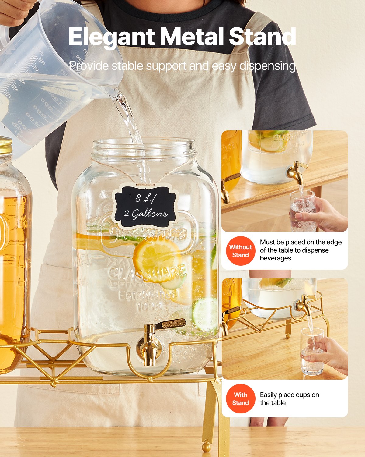 VEVOR Dispensador de Bebidas de 8 L para Fiestas, de Vidrio, con Soporte de Metal, Grifo de Acero Inoxidable, Infusor, para Té Helado, Limonada, Jugo y Agua, Cilindro Doble, 414 x 177 x 440 mm