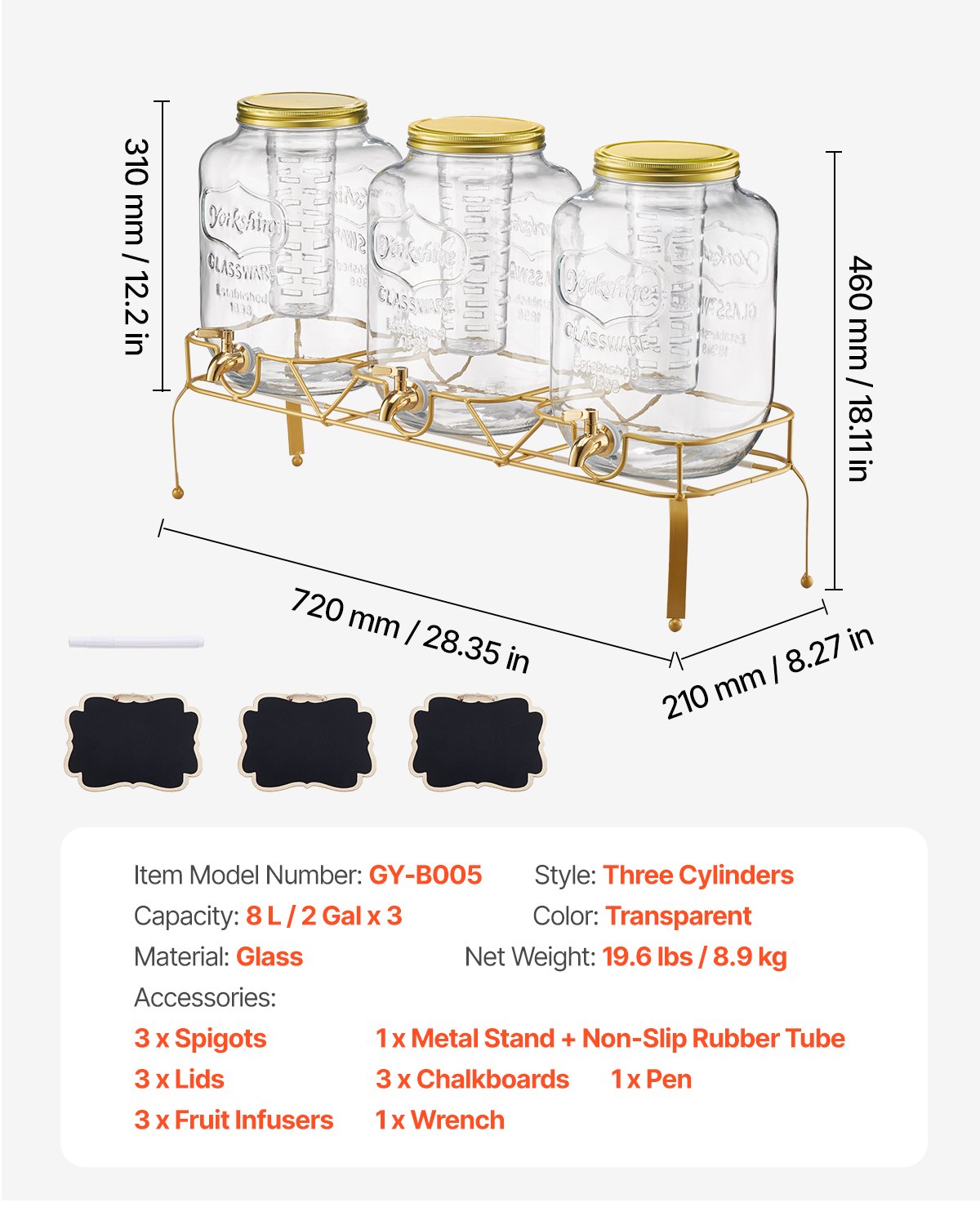 VEVOR Dispensador de Bebidas 8 L para Fiestas, Dispensador de Zumo de Cristal con Soporte de Metal, Grifo de Acero Inoxidable, Infusor, para Té Helado, Limonada y Zumo, 620 x 177 x 440 mm, 3 uds