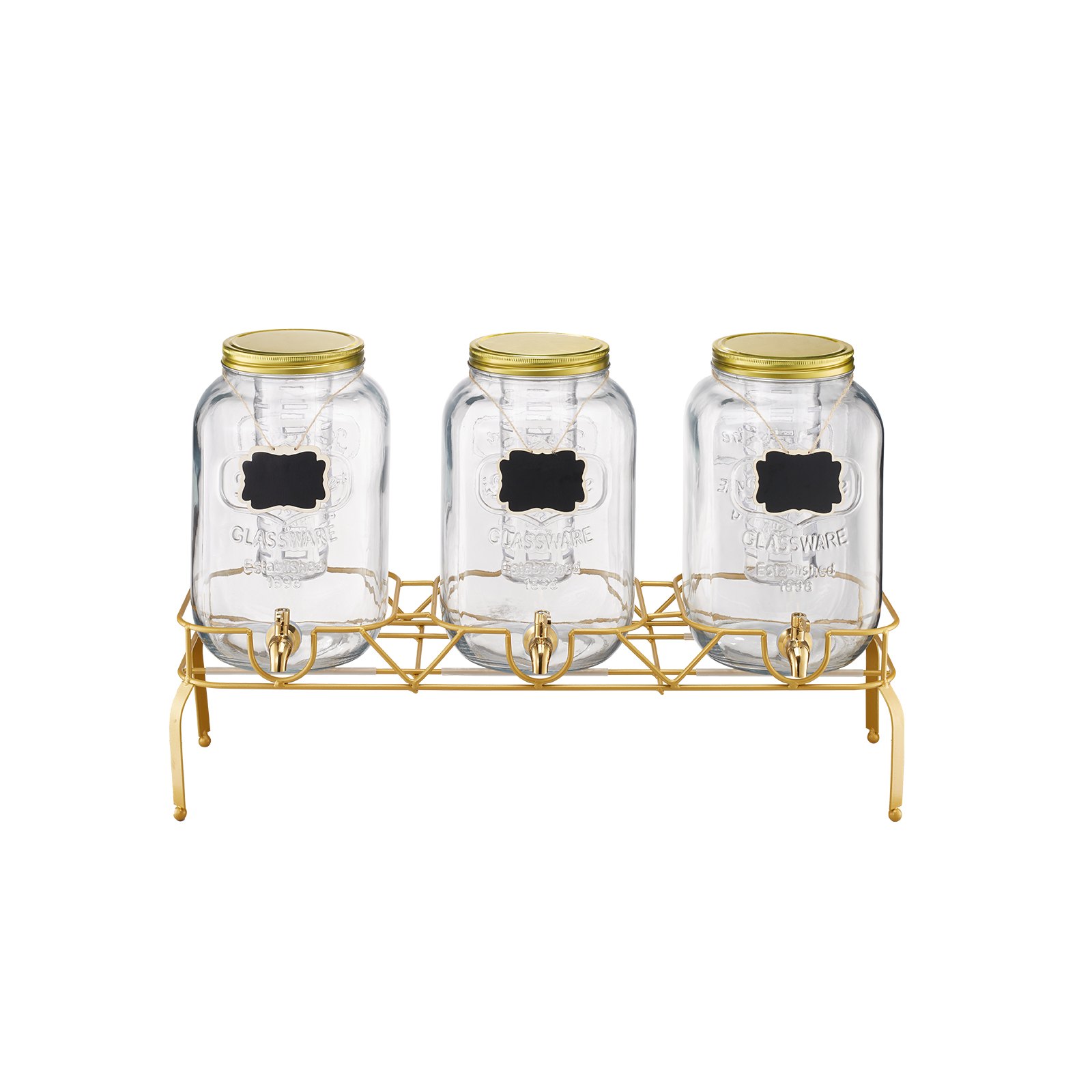 VEVOR Dispensador de Bebidas 8 L para Fiestas, Dispensador de Zumo de Cristal con Soporte de Metal, Grifo de Acero Inoxidable, Infusor, para Té Helado, Limonada y Zumo, 620 x 177 x 440 mm, 3 uds