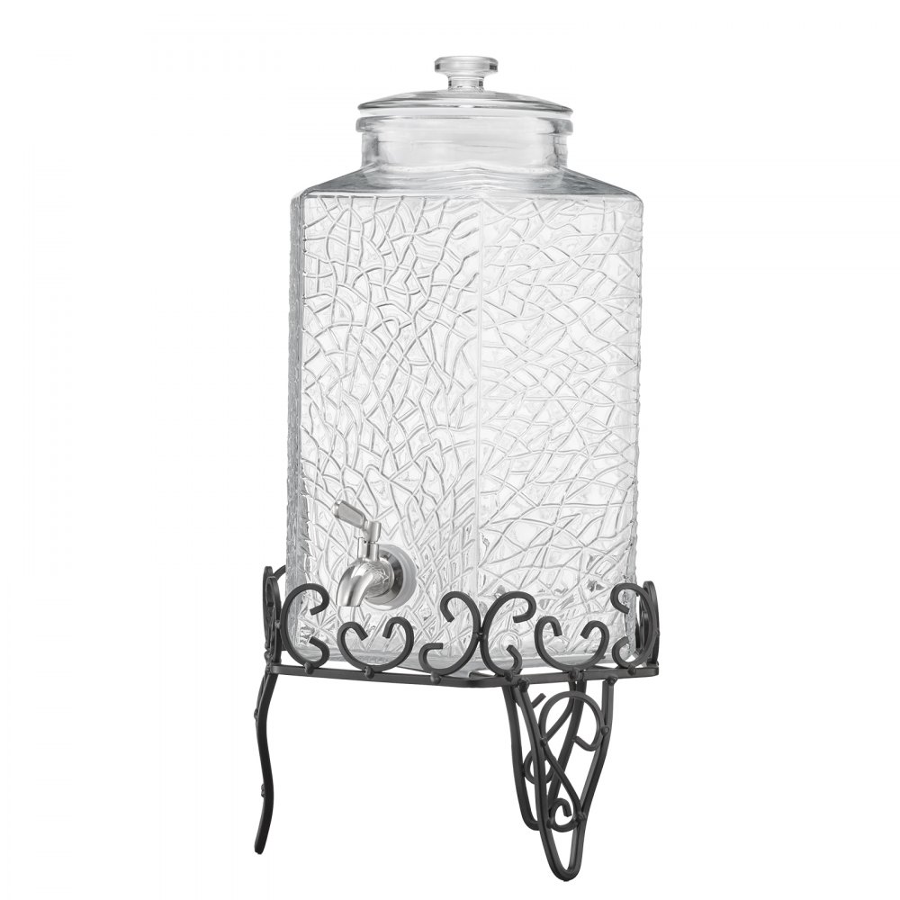 VEVOR Dispensador de Bebidas 10 L para Fiestas, Dispensador de Zumo de Cristal con Soporte Metálico y Grifo de Acero Inoxidable, Ideal para Té Helado, Limonada, Zumo y Agua, 400 x 210 x 210 mm