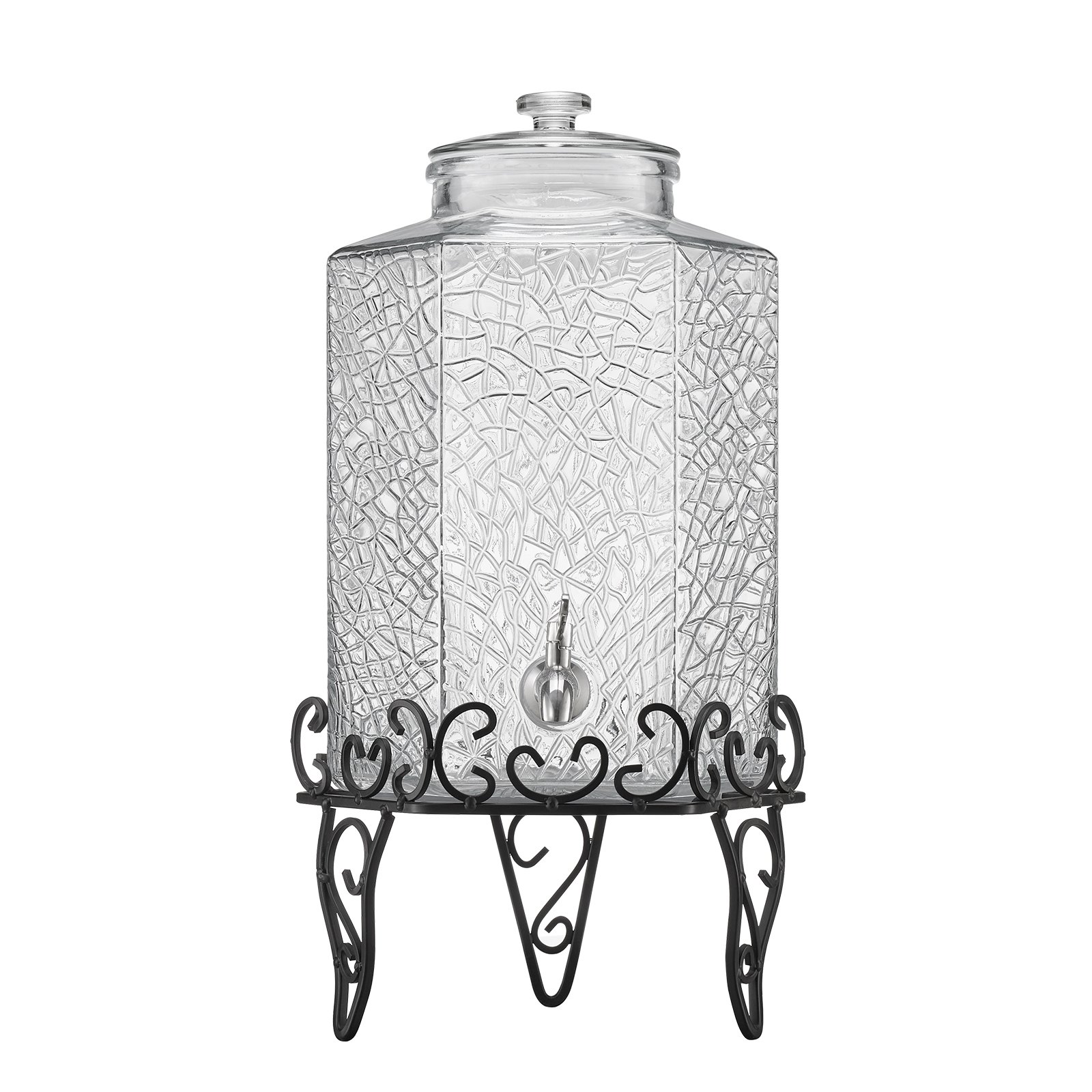 VEVOR Dispensador de Bebidas 10 L para Fiestas, Dispensador de Zumo de Cristal con Soporte Metálico y Grifo de Acero Inoxidable, Ideal para Té Helado, Limonada, Zumo y Agua, 400 x 210 x 210 mm