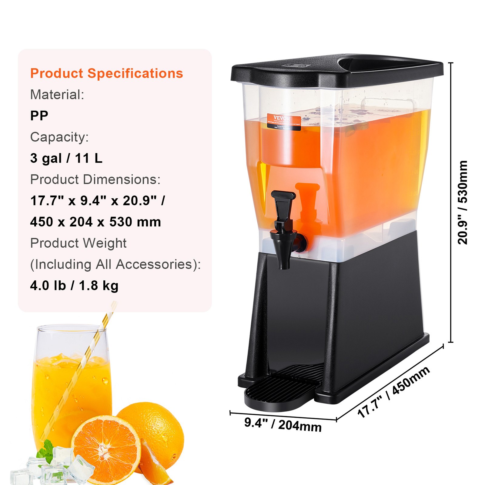 VEVOR Dispensador de Bebidas de 11 Litros para Fiestas, Dispensador de Jugo de Plástico con Tapa de Soporte, Dispensador de Agua de Jugo de Limonada de Té Helado, para Restaurantes, 450 x 204 x 530 mm