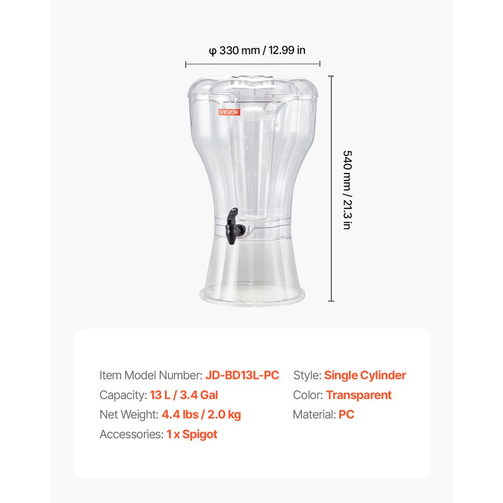 VEVOR Dispensador de Bebidas de 13 L para Fiestas, Plástico, con Grifo Antigoteo, Dispensador de Agua para Té Helado, Limonada, Zumo, para Restaurantes, Hoteles y Fiestas, 330 x 330 x 540 mm