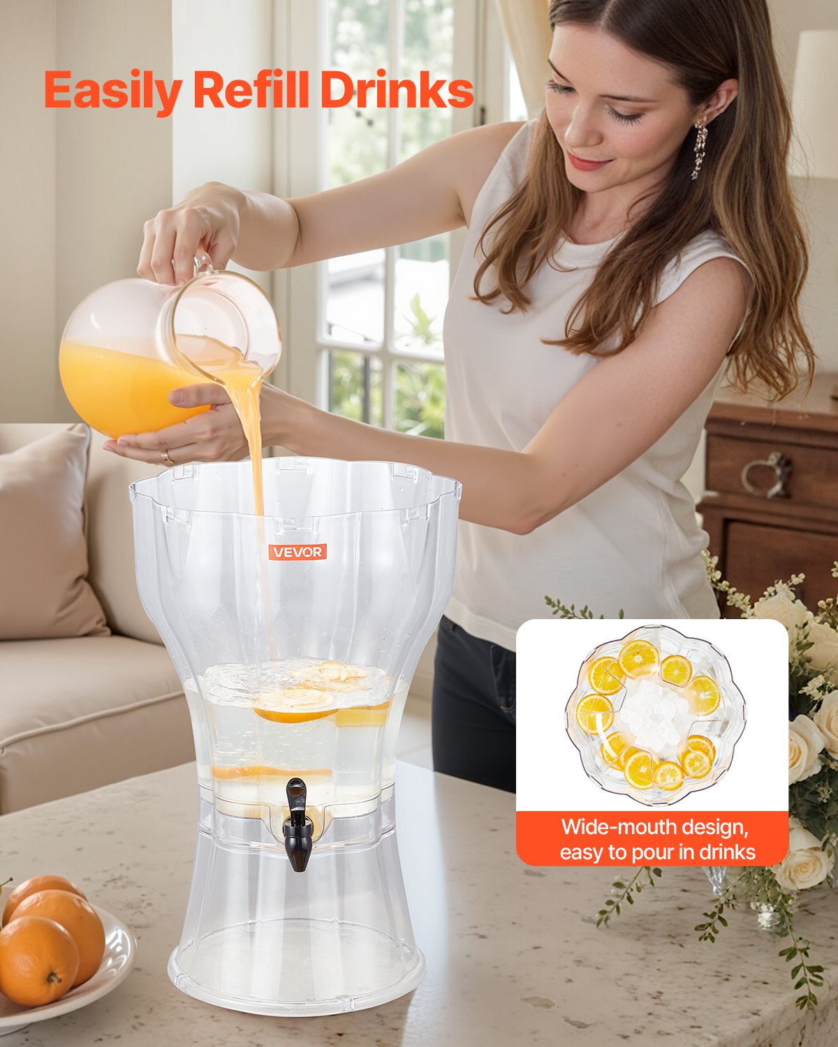 VEVOR Dispensador de Bebidas de 13 L para Fiestas, Plástico, con Grifo Antigoteo, Dispensador de Agua para Té Helado, Limonada, Zumo, para Restaurantes, Hoteles y Fiestas, 330 x 330 x 540 mm