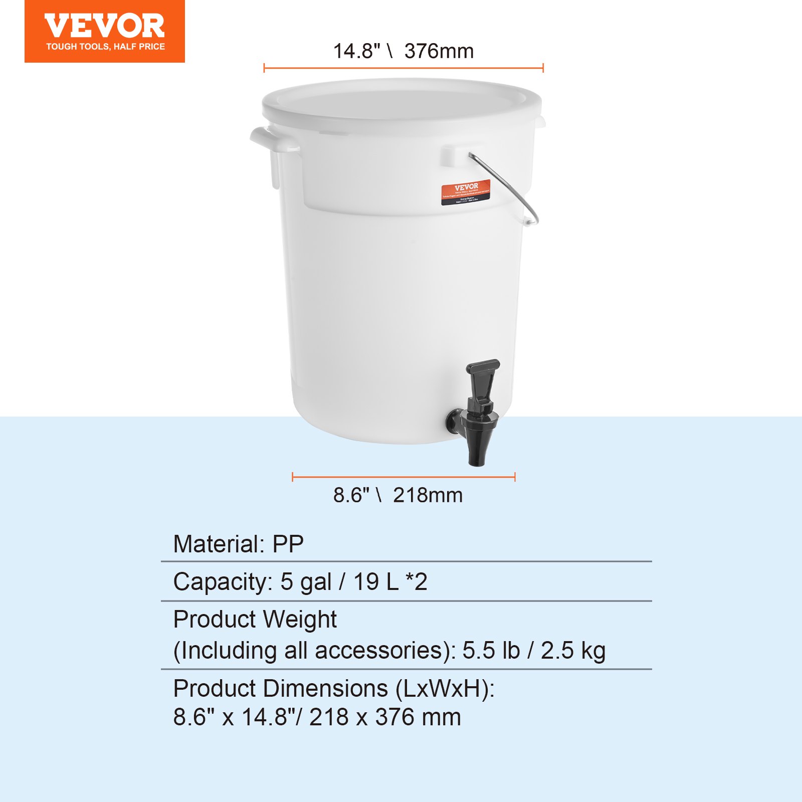 VEVOR Dispensador de Bebidas de 19 Litros para Fiestas, Dispensador de Jugo de Plástico con Espiga y Tapa, Dispensador de Agua de Jugo de Limonada de Té Helado para Restaurantes, Hoteles, 218 x 376 mm