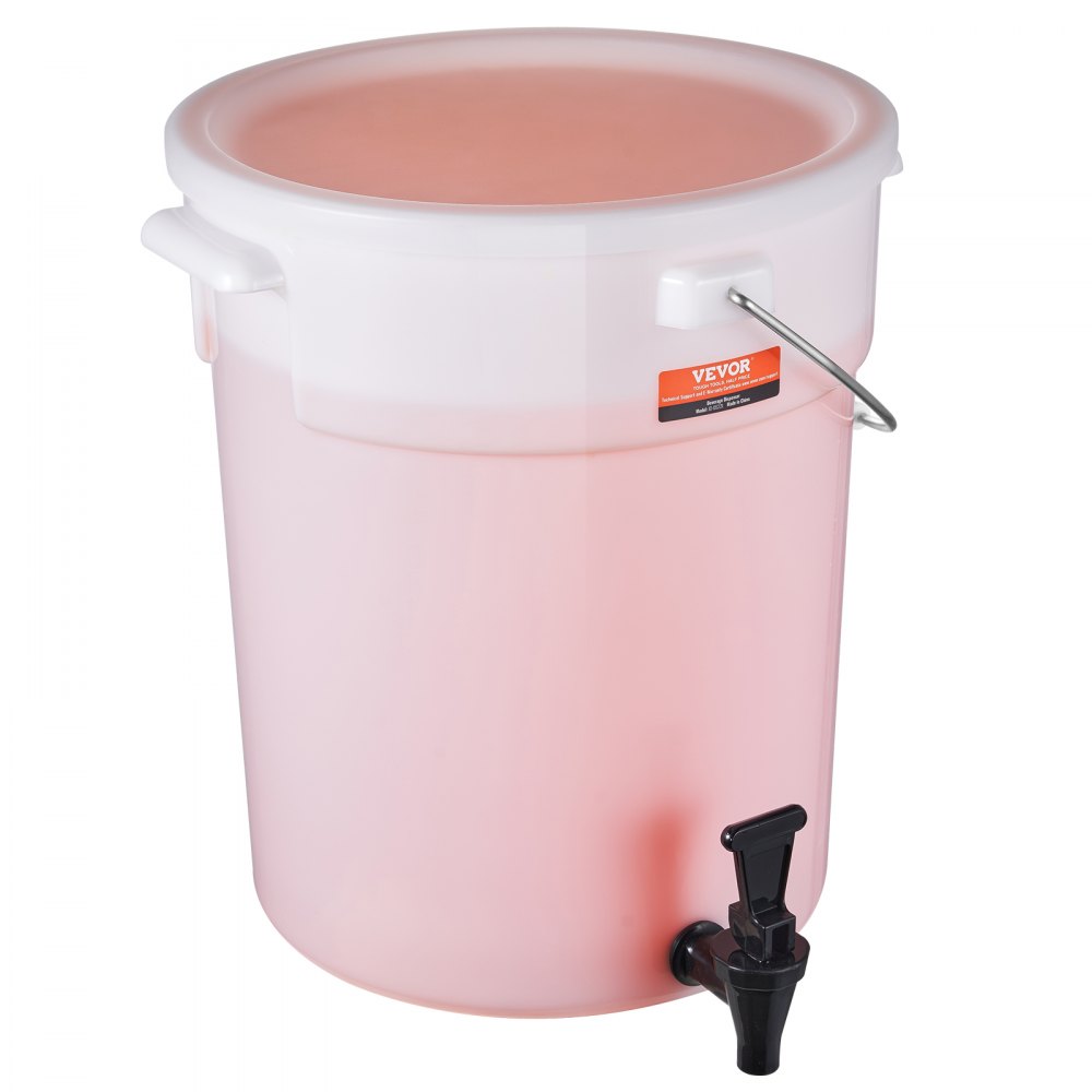 Dispensador de bebidas VEVOR lleno de líquido rosa, con tapa blanca y pico negro.