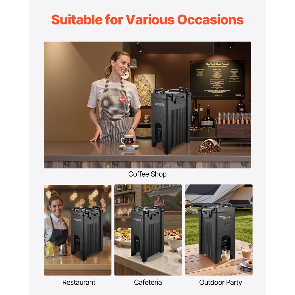 VEVOR Dispensador de Bebidas con Aislamiento, 19 L, con Grifo y Asa, Apto para Uso Alimentario, Ideal para Té, Café y Agua en Cafeterías y Restaurantes, 2 Unidades, Negro, 425 x 257 x 655 mm