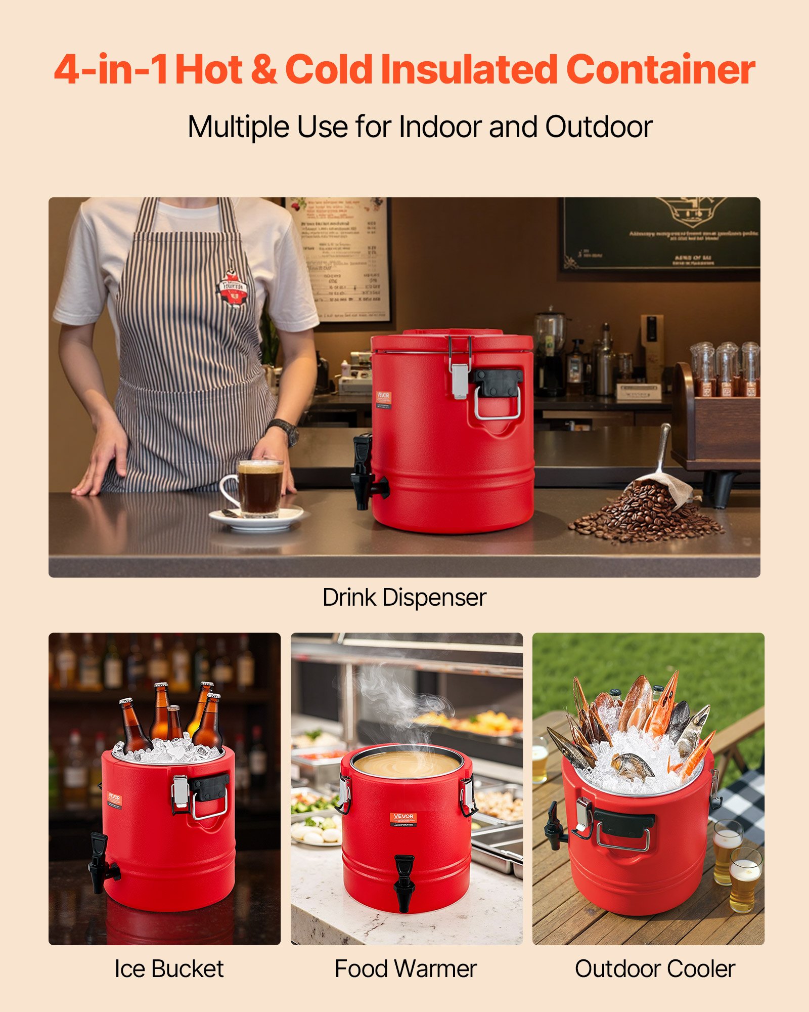 VEVOR Insulated Beverage Dispenser, 3 Gal/11.4L Thermal Hot and Cold Drink Server Dispenser with Spigot, Food-Grade Cooler Jug with 304 Stainless Steel Interior, for Tea Coffee Restaurant Outdoor