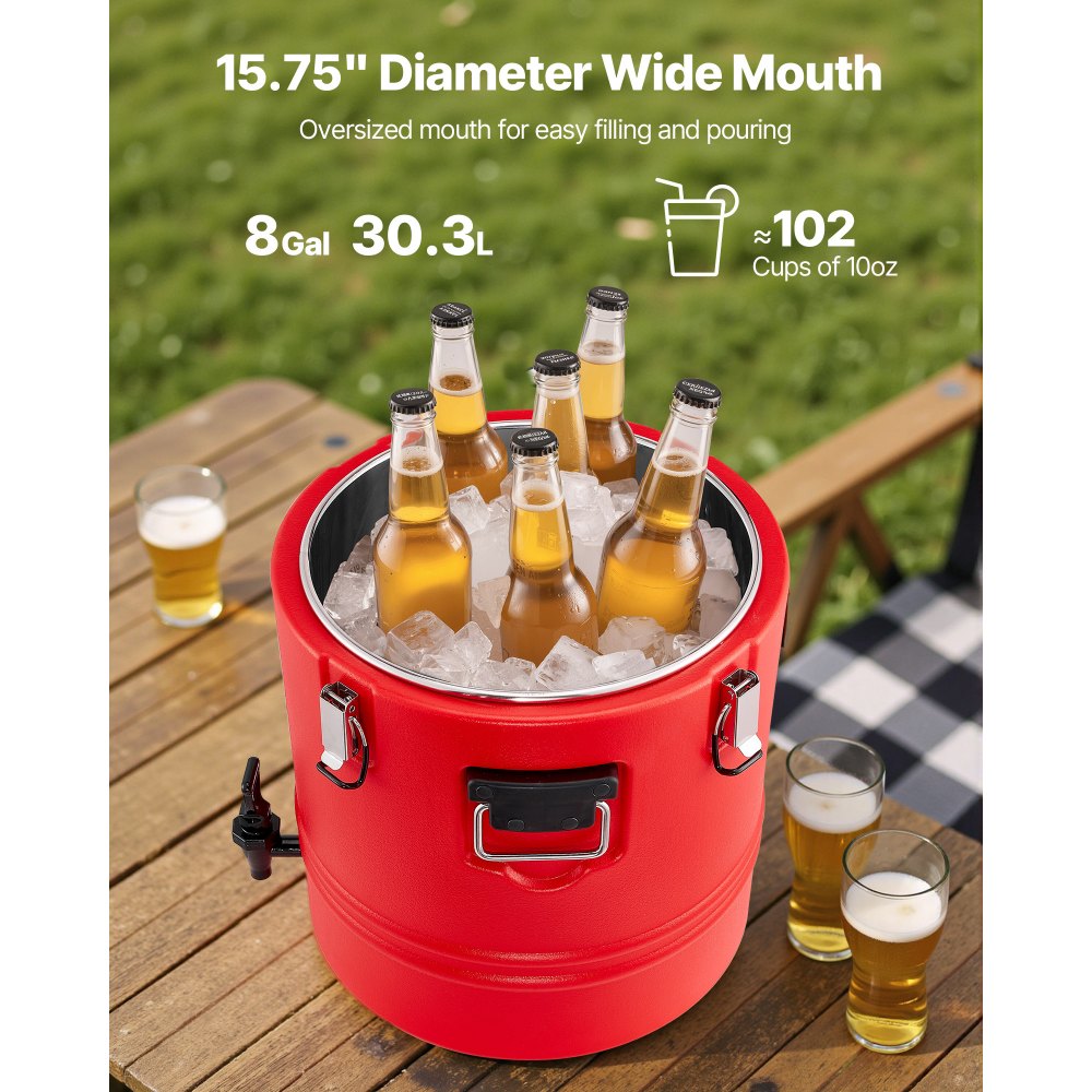 VEVOR Dispensador de Bebidas Térmico 30,3 L con Grifo, Jarra Térmica de Acero Inoxidable 304 para Bebidas Frías y Calientes, Ideal para Té, Café, Restaurantes y Exteriores, 425 x 425 x 400 mm