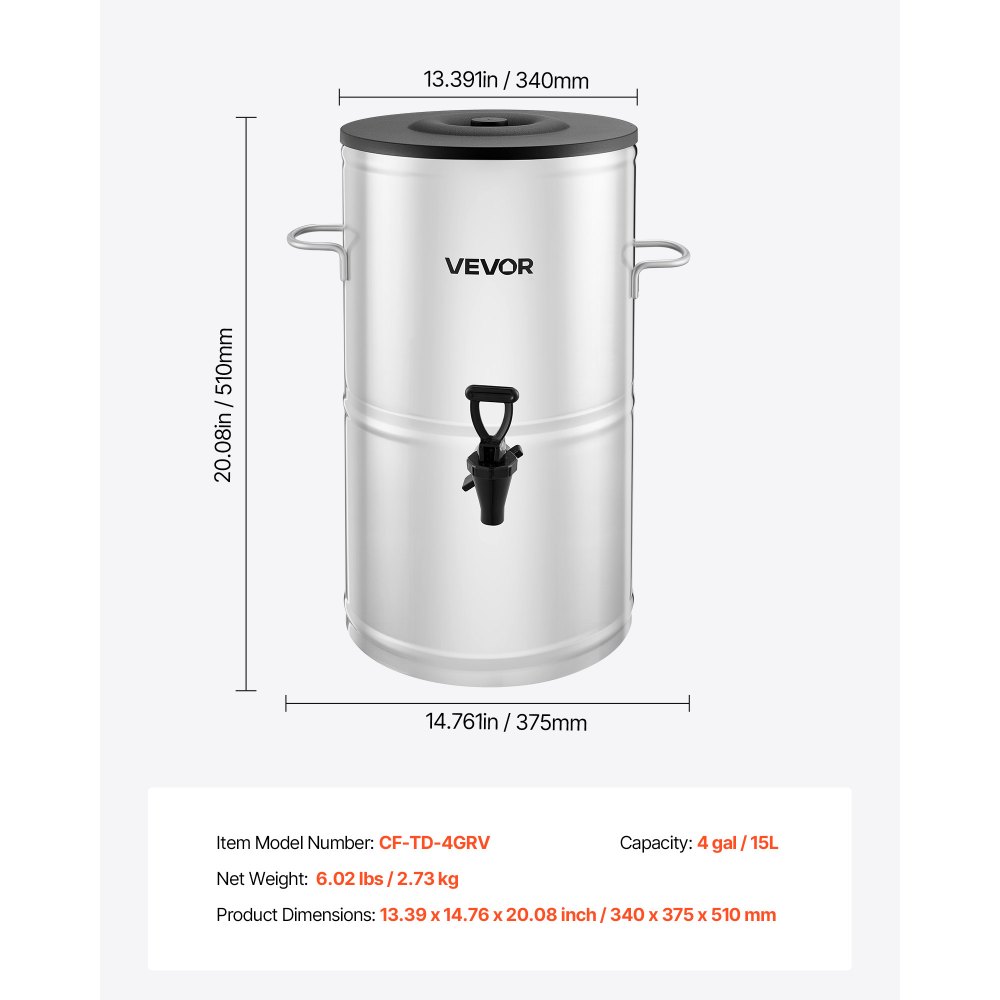 VEVOR Dispensador de Té Helado, 15 L, Acero Inoxidable 304, con Grifo y Asa, Apto para Bebidas Frías y Calientes, Té Helado, Café y Agua en Cafeterías y Restaurantes, 340 x 375 x 510 mm, Plata