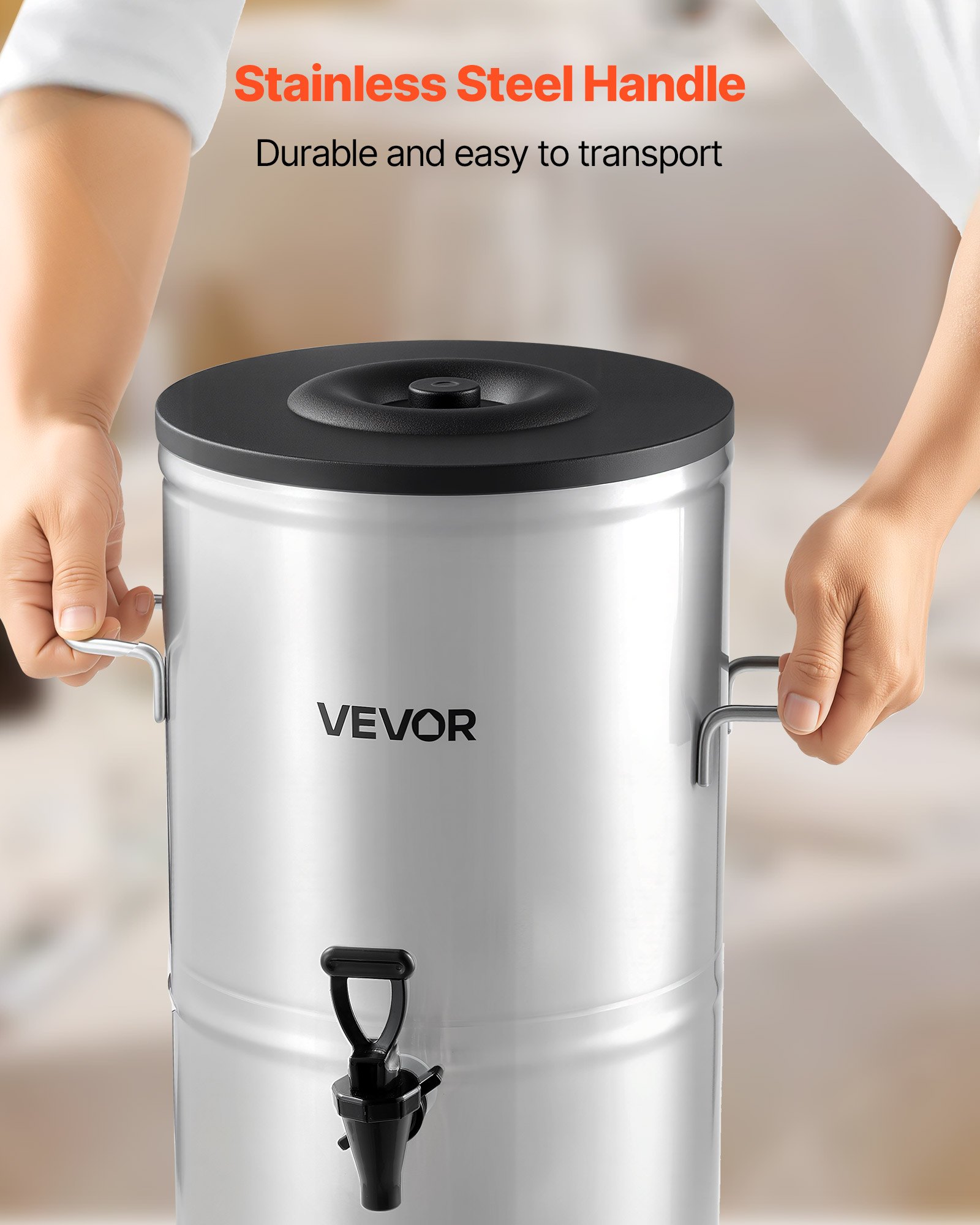 VEVOR Dispensador de Té Helado, 15 L, Acero Inoxidable 304, con Grifo y Asa, Apto para Bebidas Frías y Calientes, Té Helado, Café y Agua en Cafeterías y Restaurantes, 340 x 375 x 510 mm, Plata