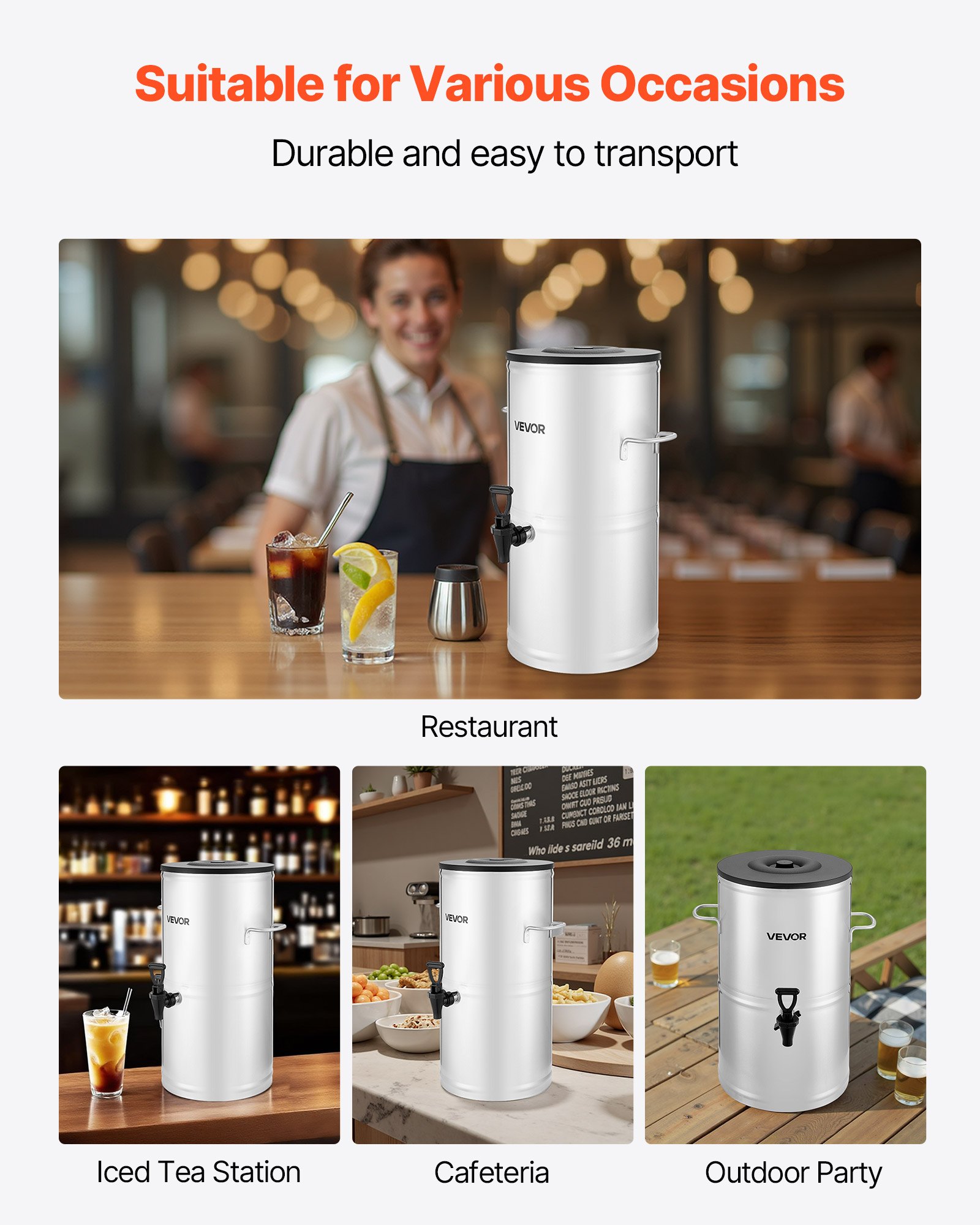 VEVOR Dispensador de Té Helado, 15 L, Acero Inoxidable 304, con Grifo y Asa, Apto para Bebidas Frías y Calientes, Té Helado, Café y Agua en Cafeterías y Restaurantes, 340 x 375 x 510 mm, Plata