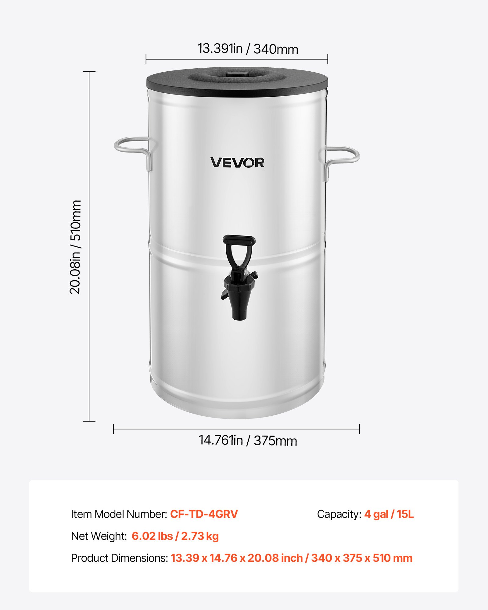 VEVOR Dispensador de Té Helado, 15 L, Acero Inoxidable 304, con Grifo y Asa, Apto para Bebidas Frías y Calientes, Té Helado, Café y Agua en Cafeterías y Restaurantes, 340 x 375 x 510 mm, Plata