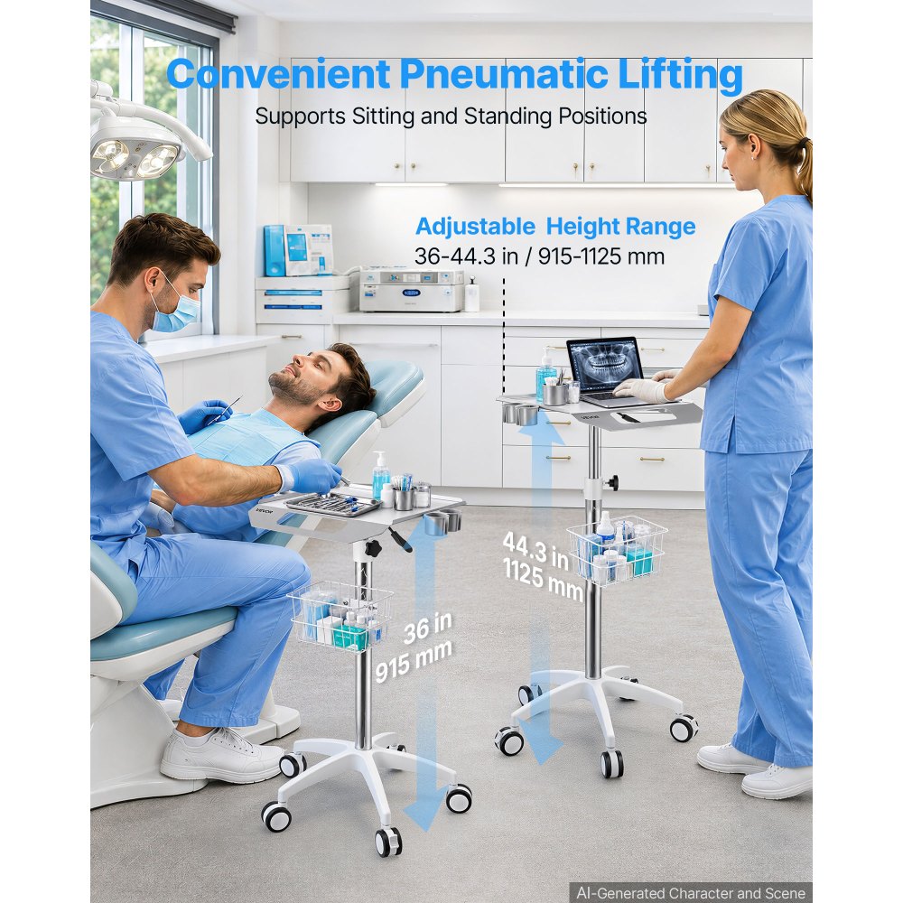 VEVOR Carro Médico Carga 30 kg Carro Auxiliar con 5 Ruedas Altura Ajustable, Organizador Móvil para Laboratorio Hospital Clínica, con 1 Cesta, Tablero de Acero al Carbono, Kit Completo de Instalación
