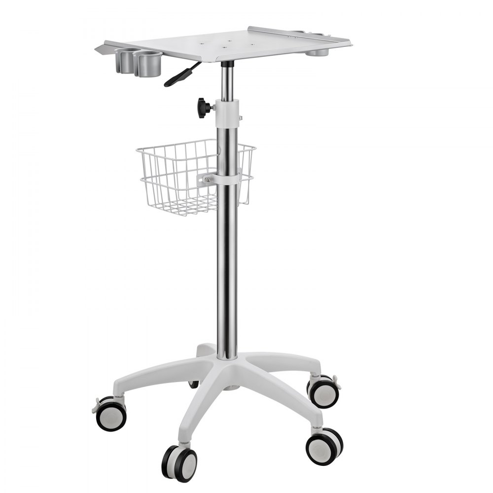 VEVOR Carro Médico Carga 30 kg Carro Auxiliar con 5 Ruedas Altura Ajustable, Organizador Móvil para Laboratorio Hospital Clínica, con 1 Cesta, Tablero de Acero al Carbono, Kit Completo de Instalación