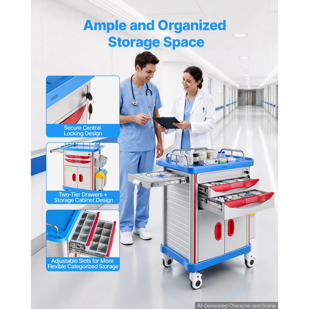 VEVOR Carro Médico con Ruedas Carga 110 kg Carro Auxiliar para Laboratorio, Organizador Móvil para Clínica, Hospital, Salón de Belleza, con 2 Cajones, Gabinete, Cesta, Botes para Residuos y Bandeja
