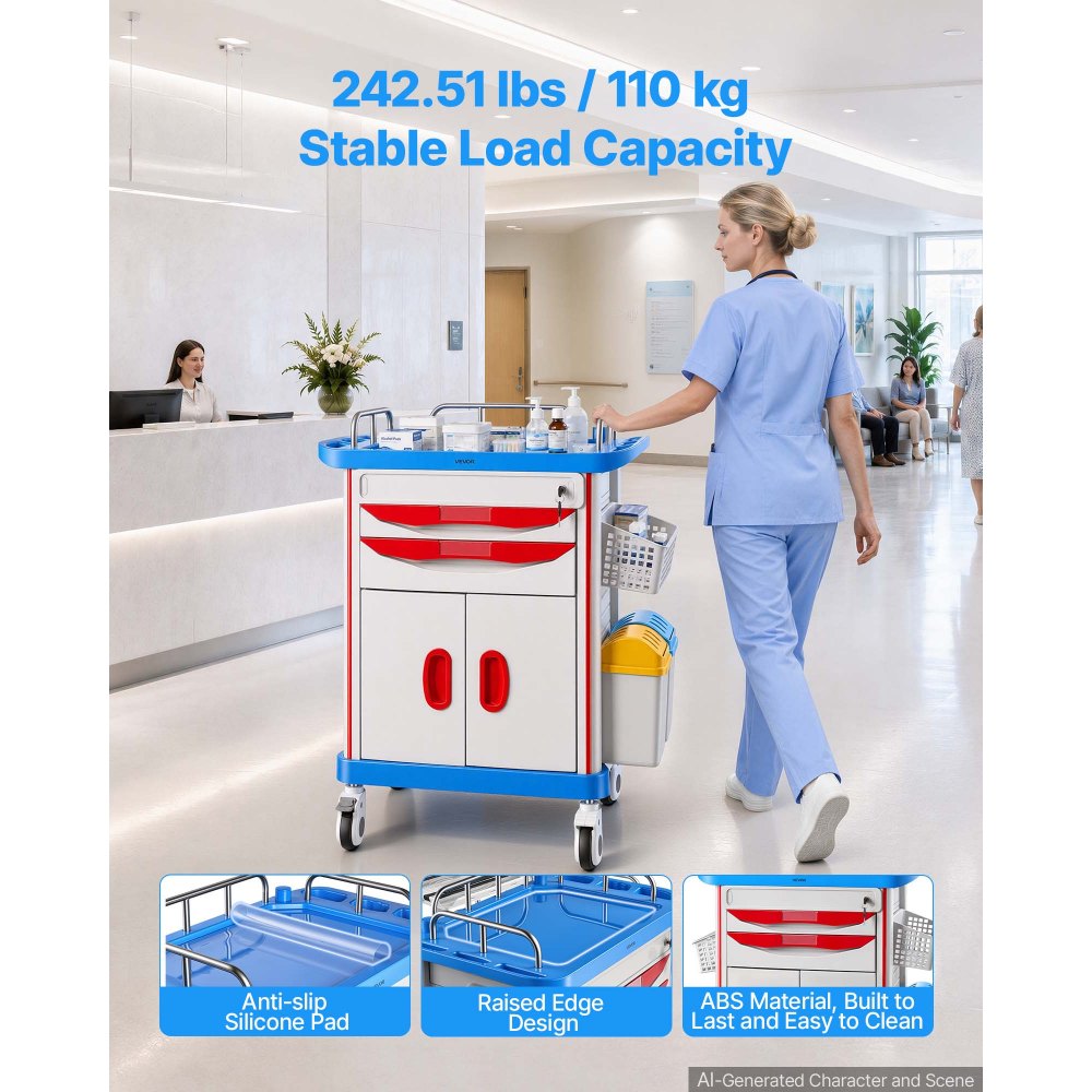 VEVOR Carro Médico con Ruedas Carga 110 kg Carro Auxiliar para Laboratorio, Organizador Móvil para Clínica, Hospital, Salón de Belleza, con 2 Cajones, Gabinete, Cesta, Botes para Residuos y Bandeja