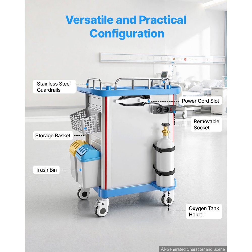 VEVOR Carro Médico con Ruedas Carga 110 kg Carro Auxiliar para Laboratorio, Organizador Móvil para Clínica, Hospital, Salón de Belleza, con 2 Cajones, Gabinete, Cesta, Botes para Residuos y Bandeja