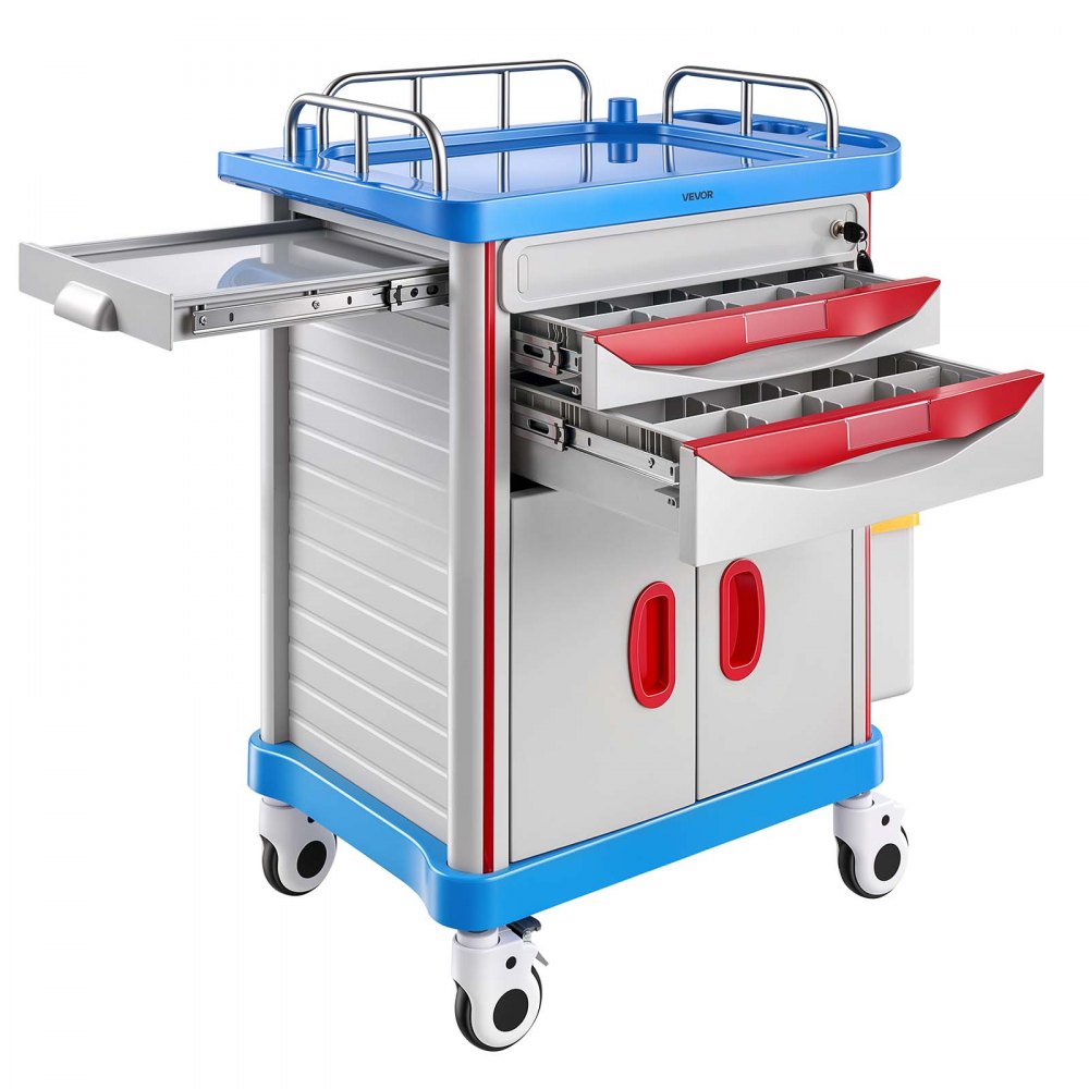VEVOR Carro Médico con Ruedas Carga 110 kg Carro Auxiliar para Laboratorio, Organizador Móvil para Clínica, Hospital, Salón de Belleza, con 2 Cajones, Gabinete, Cesta, Botes para Residuos y Bandeja
