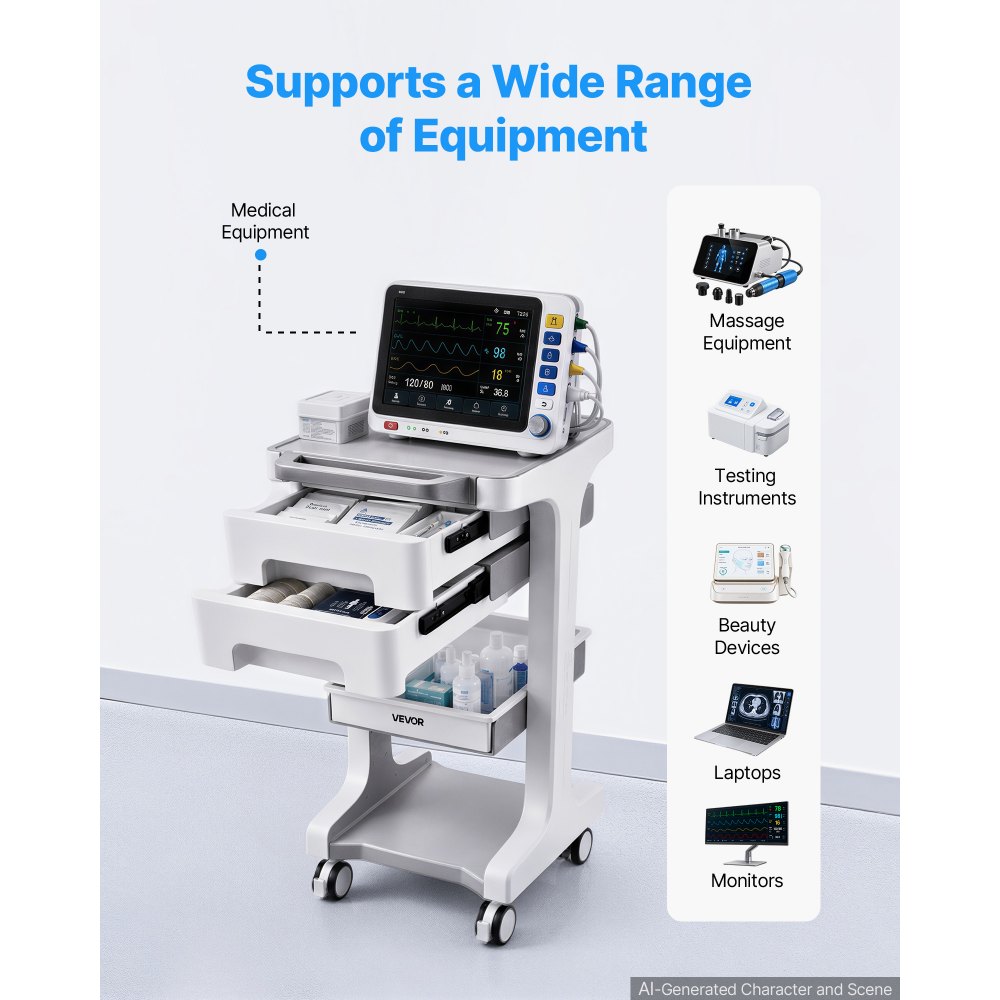 VEVOR Carro de Laboratorio con Ruedas Capacidad de Carga 50 kg Carro Médico, Carrito Auxiliar para Clínica, Hospital, Salón de Belleza, 3 Niveles, con 2 Cajones de Almacenamiento, Kit de Instalación