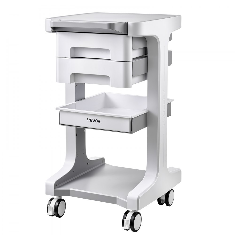 VEVOR Carro de Laboratorio con Ruedas Capacidad de Carga 50 kg Carro Médico, Carrito Auxiliar para Clínica, Hospital, Salón de Belleza, 3 Niveles, con 2 Cajones de Almacenamiento, Kit de Instalación