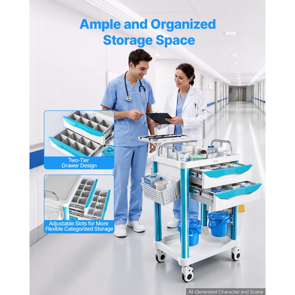 VEVOR Carro Médico Carga 110 kg Carro Auxiliar para Laboratorio con Ruedas, Almacenamiento para Dispositivos Médicos, con 2 Cajones, 2 Botes para Basura, 2 Cubos Colgantes, Cesta Lateral, Porta Suero