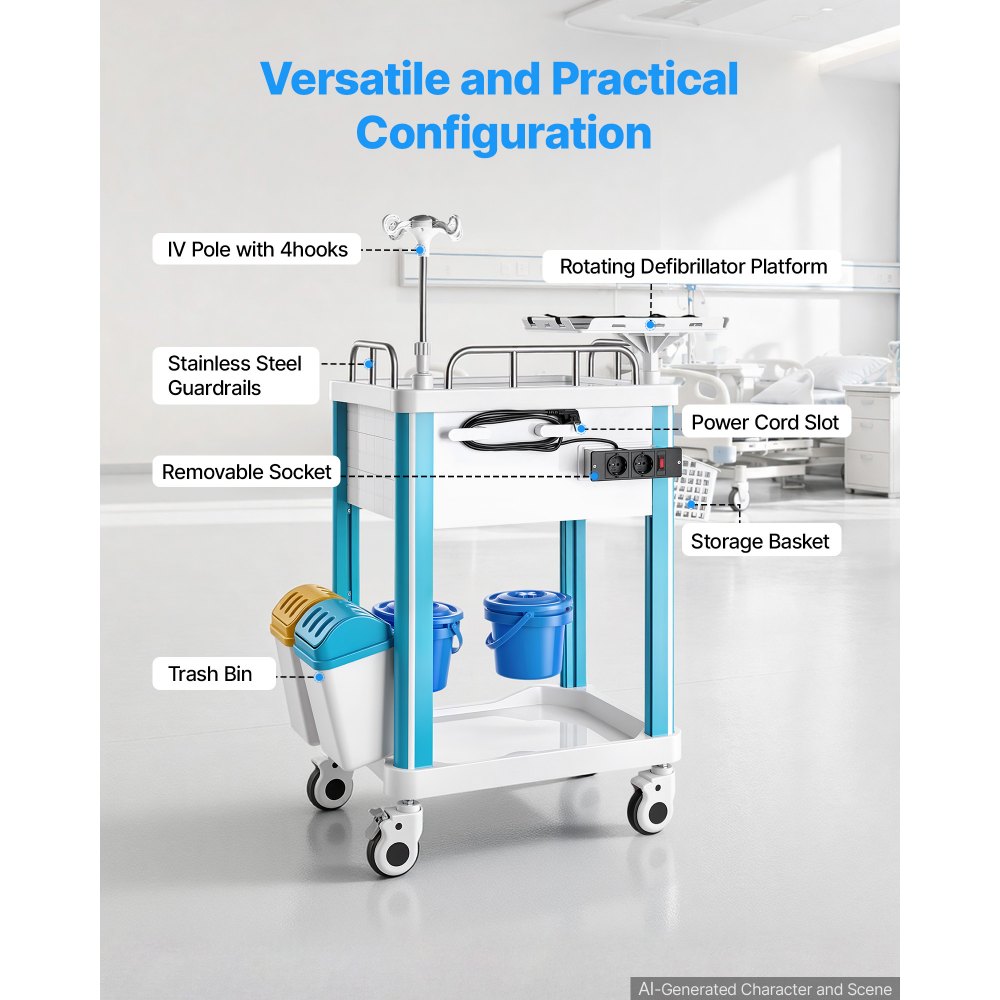 VEVOR Carro Médico Carga 110 kg Carro Auxiliar para Laboratorio con Ruedas, Almacenamiento para Dispositivos Médicos, con 2 Cajones, 2 Botes para Basura, 2 Cubos Colgantes, Cesta Lateral, Porta Suero