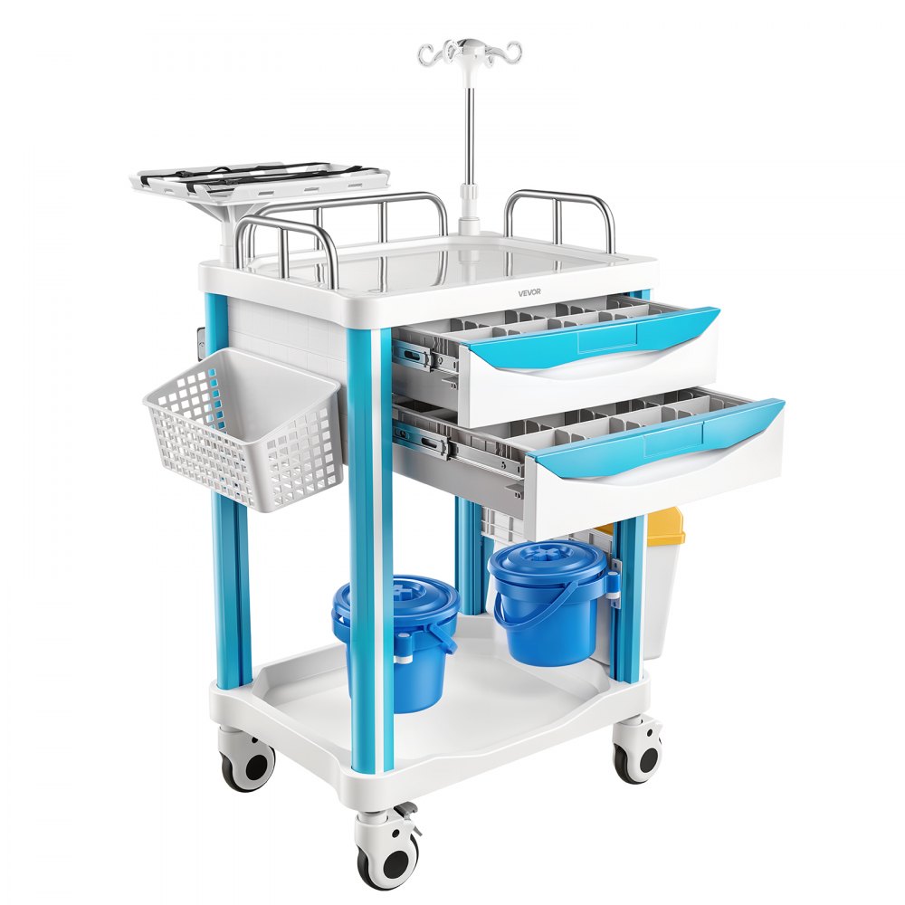 VEVOR Carro Médico Carga 110 kg Carro Auxiliar para Laboratorio con Ruedas, Almacenamiento para Dispositivos Médicos, con 2 Cajones, 2 Botes para Basura, 2 Cubos Colgantes, Cesta Lateral, Porta Suero