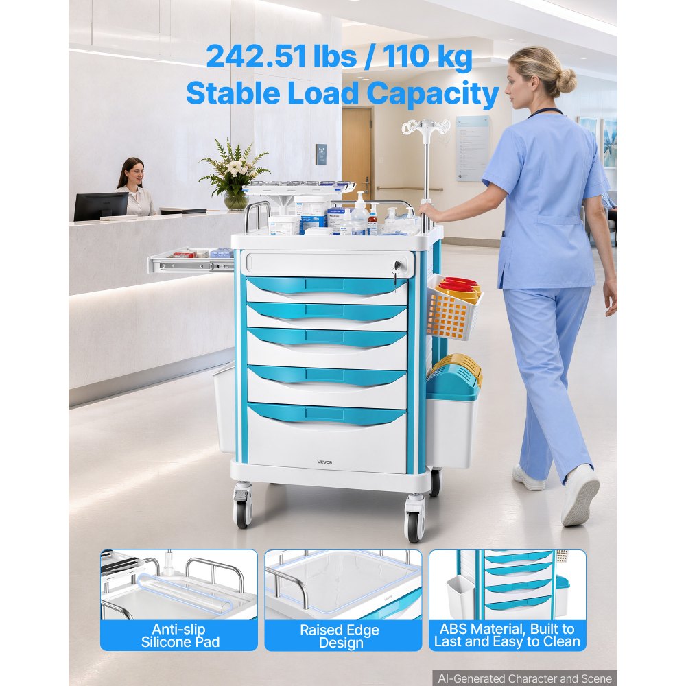 VEVOR Carro Médico con Ruedas Carga 110 kg Carro de Laboratorio 5 Cajones, Organizador Móvil para Clínica Salón de Belleza Hospital, con Almacenamiento Lateral, Botes para Basura, Bandeja, Porta Suero