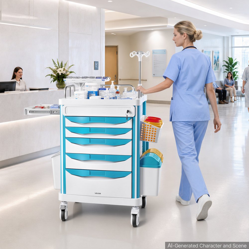 VEVOR Carro Médico con Ruedas Carga 110 kg Carro de Laboratorio 5 Cajones, Organizador Móvil para Clínica Salón de Belleza Hospital, con Almacenamiento Lateral, Botes para Basura, Bandeja, Porta Suero