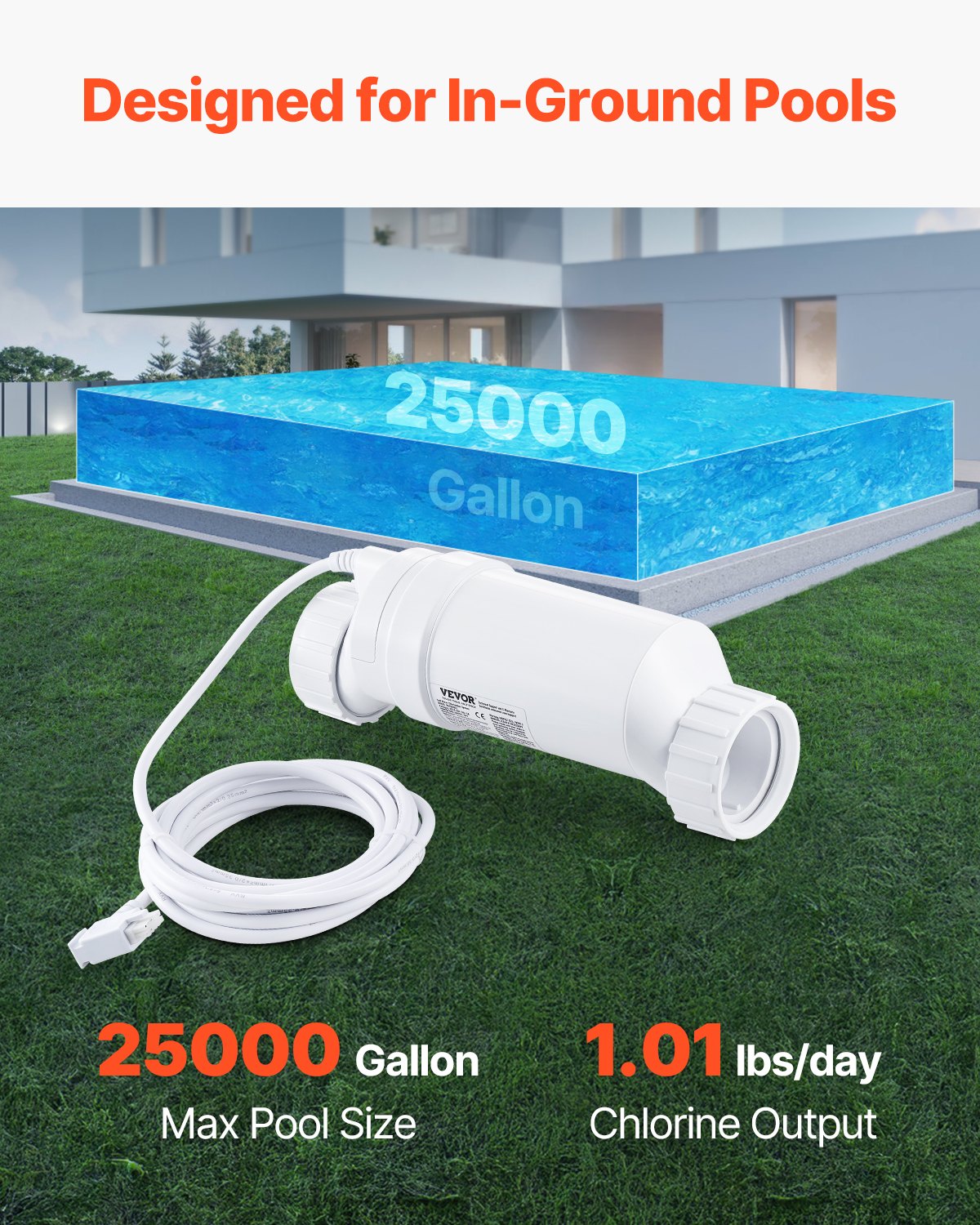 VEVOR Saltwater Chlorinator System Pool Chlorination Cell compatible with Hayward W3T-Cell-9 (T9), Pool Cell Saltwater System for In-Ground Swimming Pools up to 25,000 Gal, 4.6 m Power Cable, White