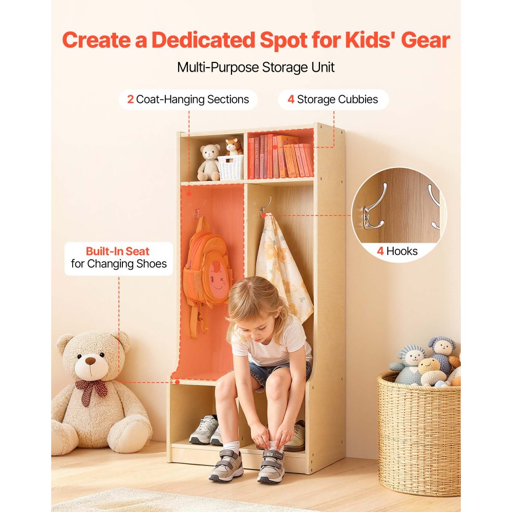VEVOR Armario de Abrigos para Niños 2 Secciones, Organizador de Madera con 4 Ganchos, Armario con 4 Cubículos de Almacenamiento para Hogar, Guardería, Escuela, Preescolar, 114,7 x 31,7 x 90,8 cm